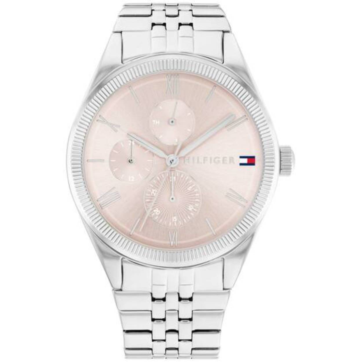 Dit Tommy Hilfiger horloge behoort tot de Monica collectie.
Referentienummer: TH1782590

Dit horloge van Tommy Hilfiger is een sportief dameshorloge die zeker in je collectie past. Het stalen dameshorloge heeft een ronde zilverkleurige kast met een gekartelde bezel en een roze wijzerplaat met dag, - datum,- en 24- uursaanduiding. De zilverkleurige schakelband is mat glimmend, op lengte verstelbaar en heeft een vouwsluiting. Het horloge heeft een mineraalglas, een doorsnee van 38mm en is 3 ATM.  
