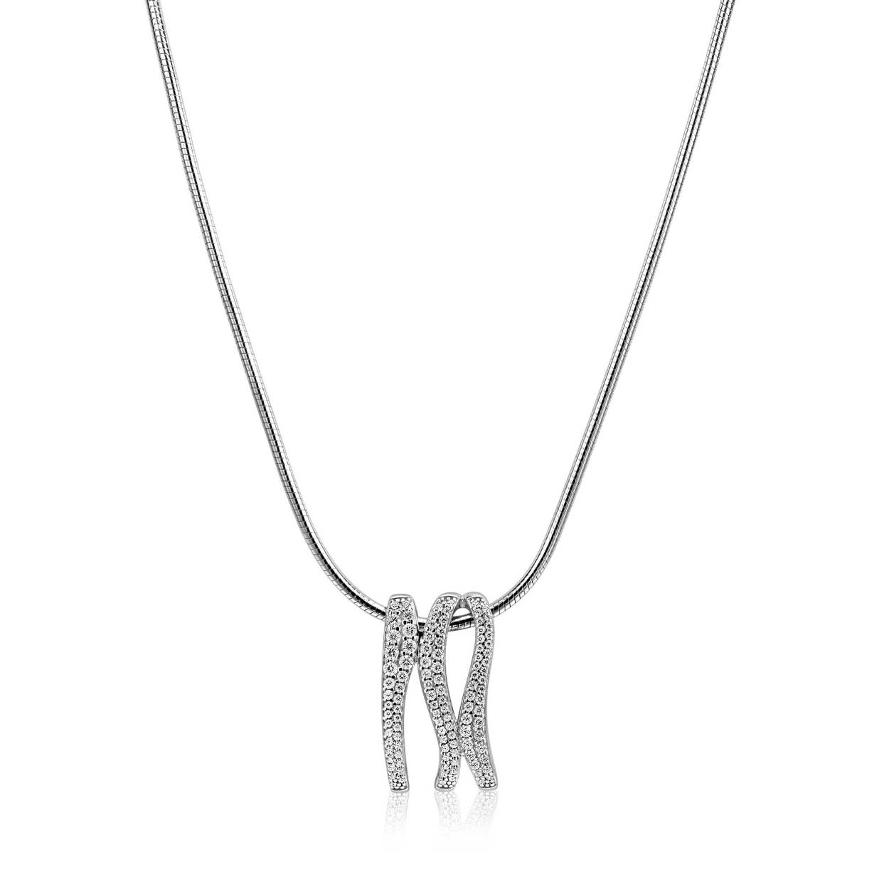 ZINZI zilveren slangen ketting 45cm met organisch gevormde hanger (21mm), bezet met witte zirkonia's. De lengte van de ketting is te variëren tussen 42 en 45cm. Exclusief ontworpen door mode-ontwerper Mart Visser. De ketting draagt herkenbaar de signatuur van Mart Visser. Vervaardigd van eerste gehalte zilver (925) en met extra rodiumlaag voor een langdurige glans