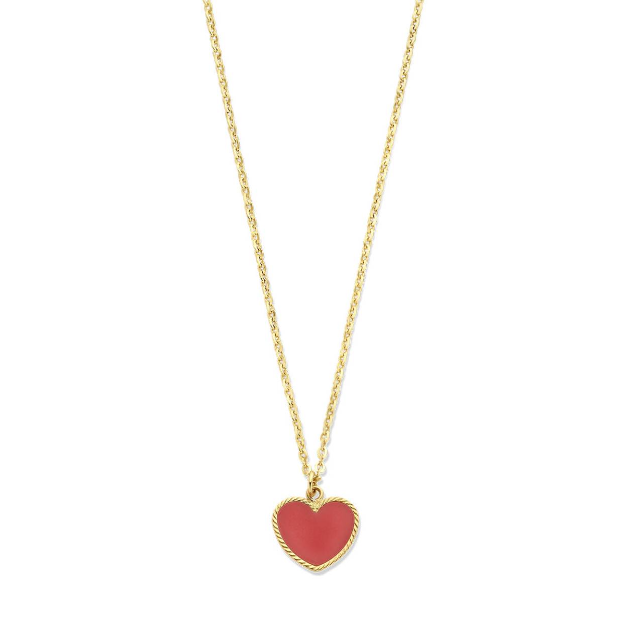 14k Geelgouden collier uitgevoerd met hart en rode epoxy. Het collier heeft een schakelbreedte van 1.5mm en draaglengtes van 40-42cm. Uitgevoerd met karabijnsluiting.