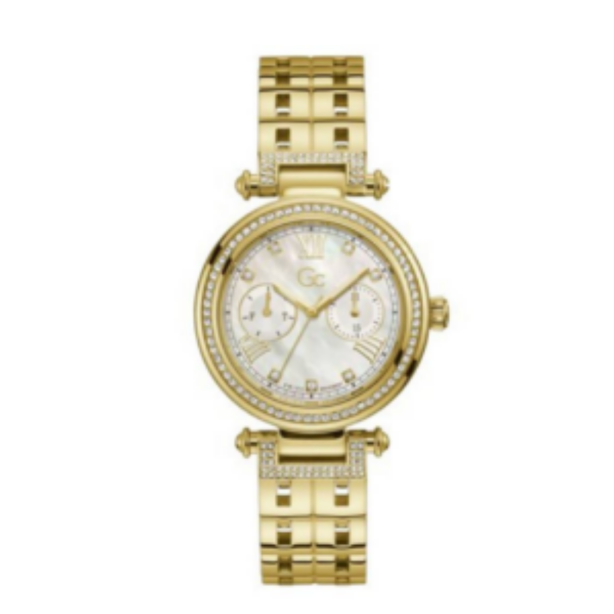 Schitter en straal met dit prachtige vrouwelijke goudkleurige day-date dameshorloge uit de Gc PrimeChic serie. Dit stijlvolle horloge is echt een fashion statement en eindeloos te combineren. Zowel de lunet als de aanzet van de horlogeband zijn gezet met schitterende Swarovski� kristallen. De wijzerplaat valt op door de prachtige kleur; parelmoer, maar ook omdat de index mede bestaat uit Swarovski� kristallen. De kast heeft een diameter van 36,5 mm en de goudkleurige wijzers zijn voorzien van een Super-LumiNova coating. Het horloge is tot 10 ATM waterdicht. Model: Y78002L1MF.