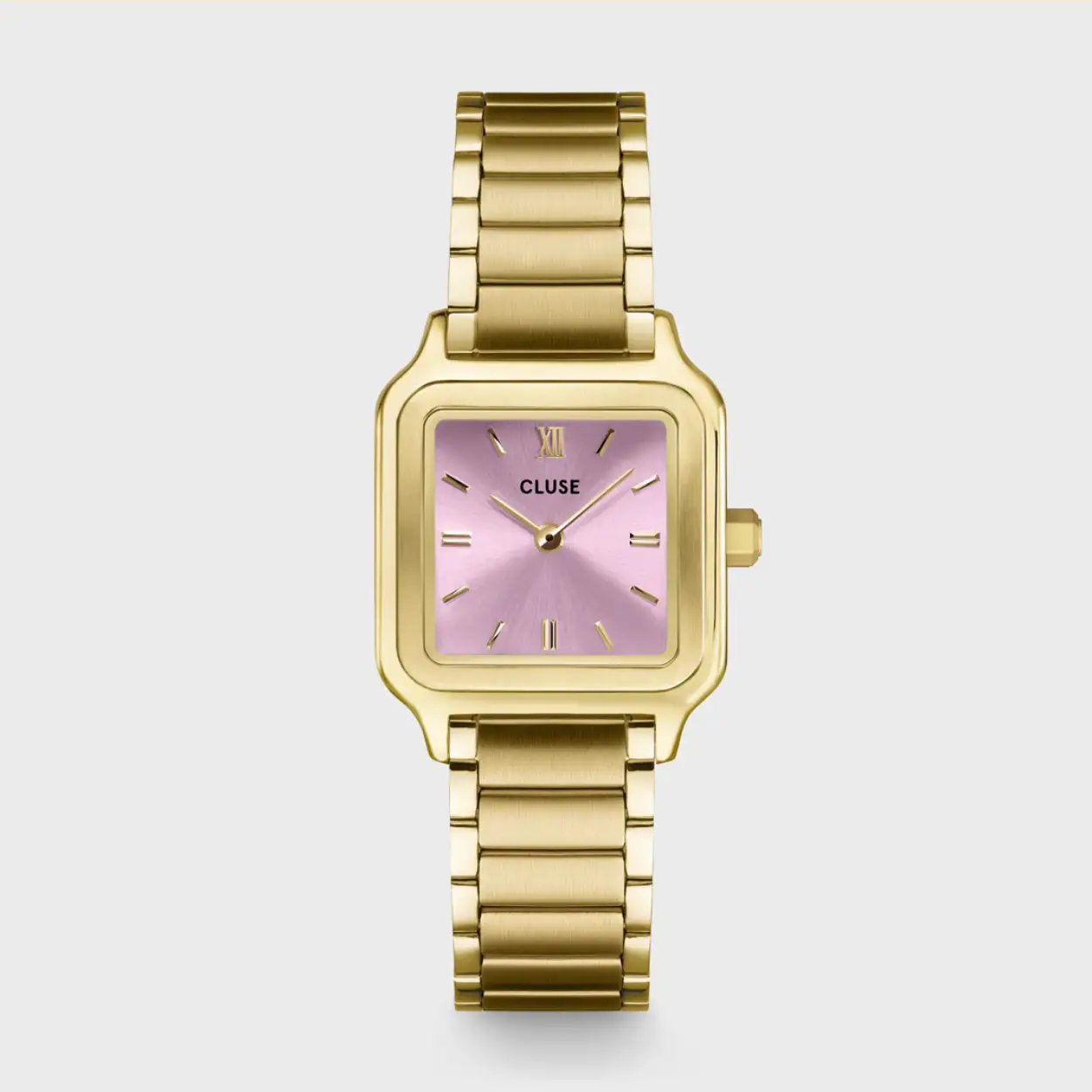 goudkleurig horloge met roze wijzerplaat