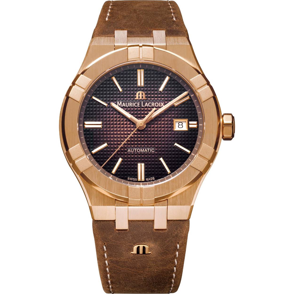 Maurice Lacroix Aikon Automatic Bronze AI6008-BRZ01-730-3.
Dit zeer fraaie Maurice Lacroix horloge is een gelimiteerde oplage van slecht 888 stuks. De kast is uitgevoerd in brons en voorzien van een bruine wijzerplaat en een bruin lederen band met een bronze sluiting. Het horloge is 20 ATM waterdicht heeft een dubbel ontspiegeld saffier glas en een ontspiegeld saffier glazen achter deksel. Hierdoor hebt u een prachtig zicht op het ML115 Mechanische automatic uurwerk met een gangreserve van 38 uur.
