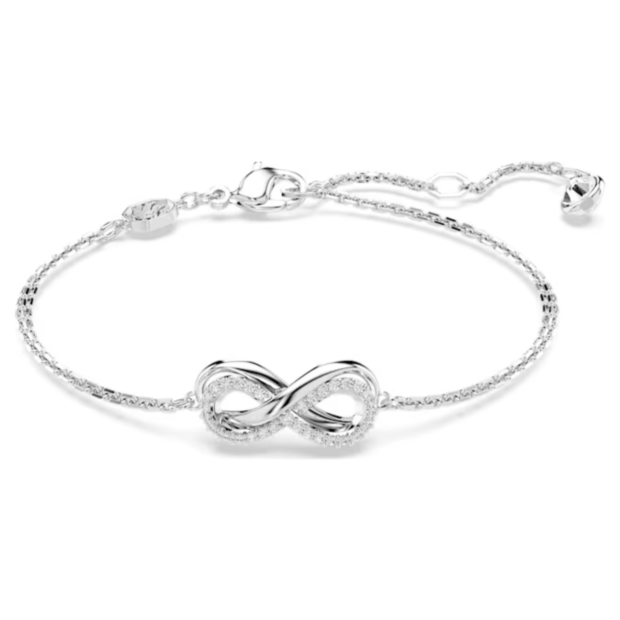 Deze delicate armband vol symboliek geeft elke outfit een luxe accent. Het ontwerp met rhodium toplaag bestaat uit een soepele ketting met een oneindigheidssymbool, dat is gedecoreerd met een pavé van heldere kristallen. In het verlengstuk prijkt een Swarovski Zirkonia voor een extra luxe uitstraling. Draag dit sieraad om uw stijl een discreet luxueuze uitstraling te geven.

Artikelnr.: 5679664
Collectie:  Hyperbola
Lengte (minimum - maximum): 15.5 - 19.5 cm
Formaat motief: 0.8 x 1.7 cm
Materiaal:  Kristallen, Rodium-verguld
Kleur:  Wit
Type sluiting:  Karabijn