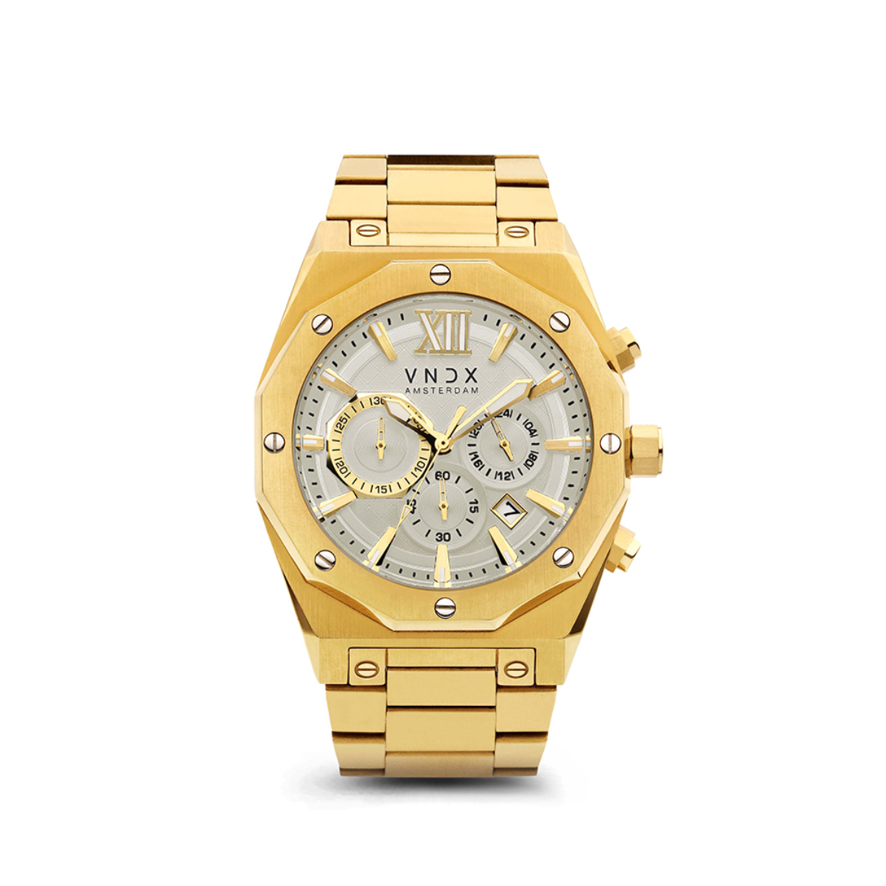 Ben jij dé Wise Man bij wie dit horloge perfect past? Dit stoere en uitgesproken horloge sluit perfect aan op wie jij bent! De mat geborstelde goud stalen band gecombineerd met de elegante witte wijzerplaat is de kroon op jouw outfit. Met deze stoere kleurencombinatie en het stijlvolle ontwerp gaat dit horloge je niet snel gaan vervelen! Voorzien van een chronograaf kent deze Wise Man verschillende mogelijkheden. Bang om het horloge te verliezen hoef je niet te zijn. Het horloge beschikt over een vouwsluiting die gezekerd is. Zo zorgt VNDX ervoor dat jij en je Wise Man nooit te laat zijn.  ''Be you, be wise and always do things you feel right about! The Wise Man''