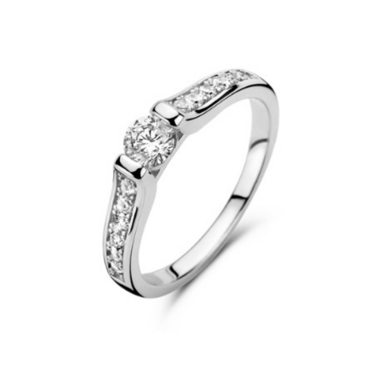 ROSA DI LUCA, zilveren sieraad; ring, zirkonia een de zijkanten van de scheen die aan de bovenkant uiteen loopt, grote steen ertussen. 
