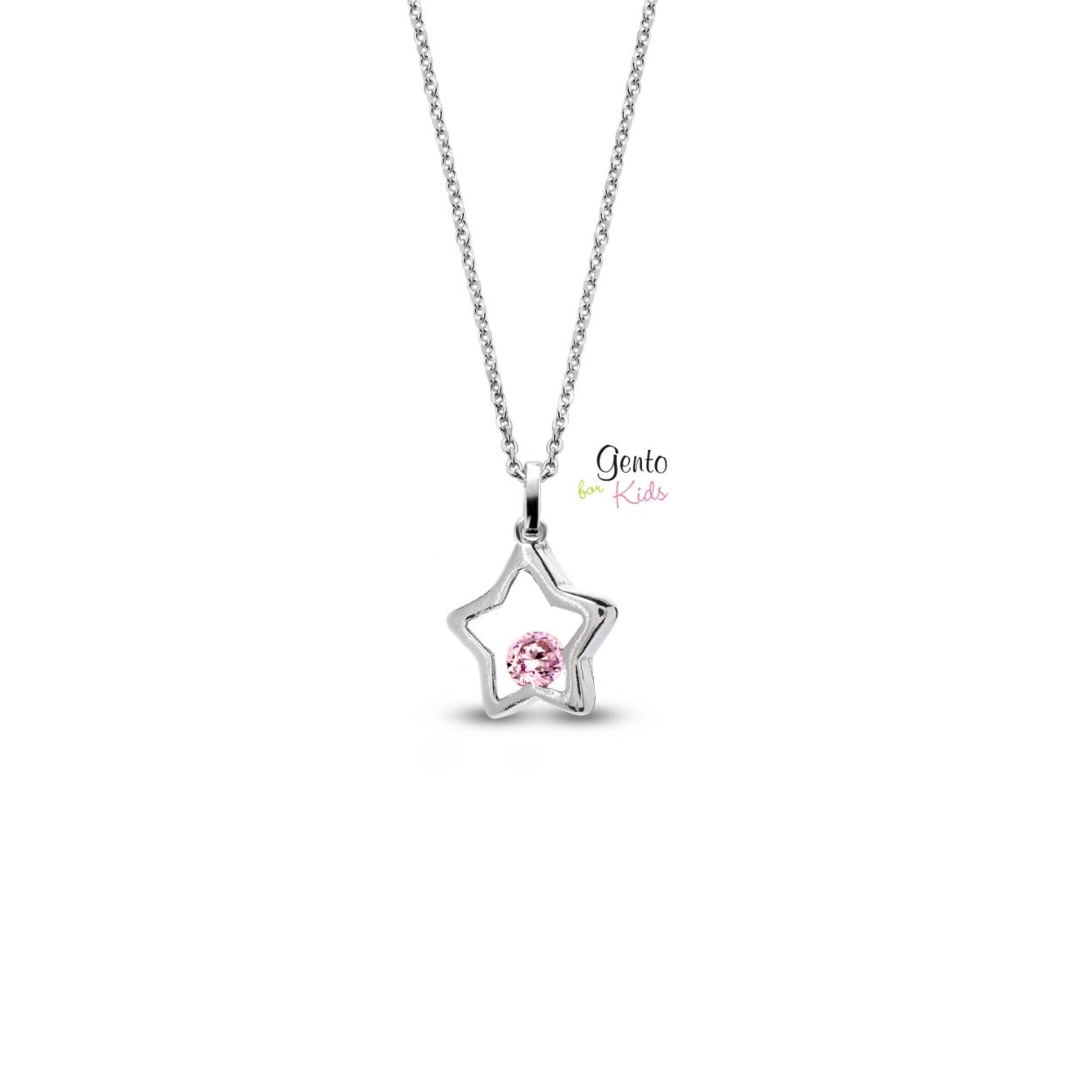 Zilveren ketting (36 cm) - zilveren hanger 'ster' met roze zirkonium steentje
Bijhorende oorbellen ook verkrijgbaar