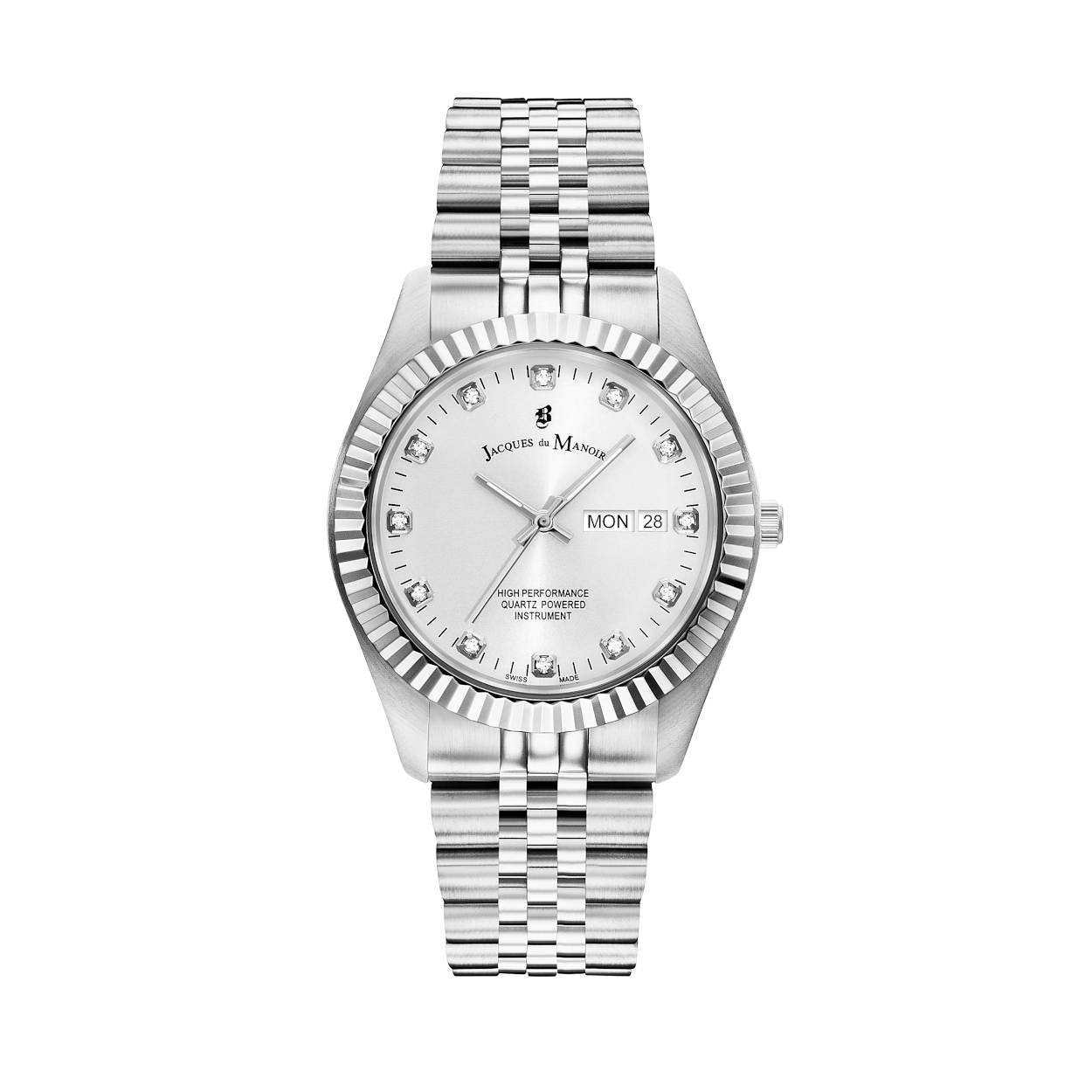 Unisex Horloge met witte wijzerplaat ingelegd met zirkonia's en zilverkleurige roestvrij stalen schakel band.