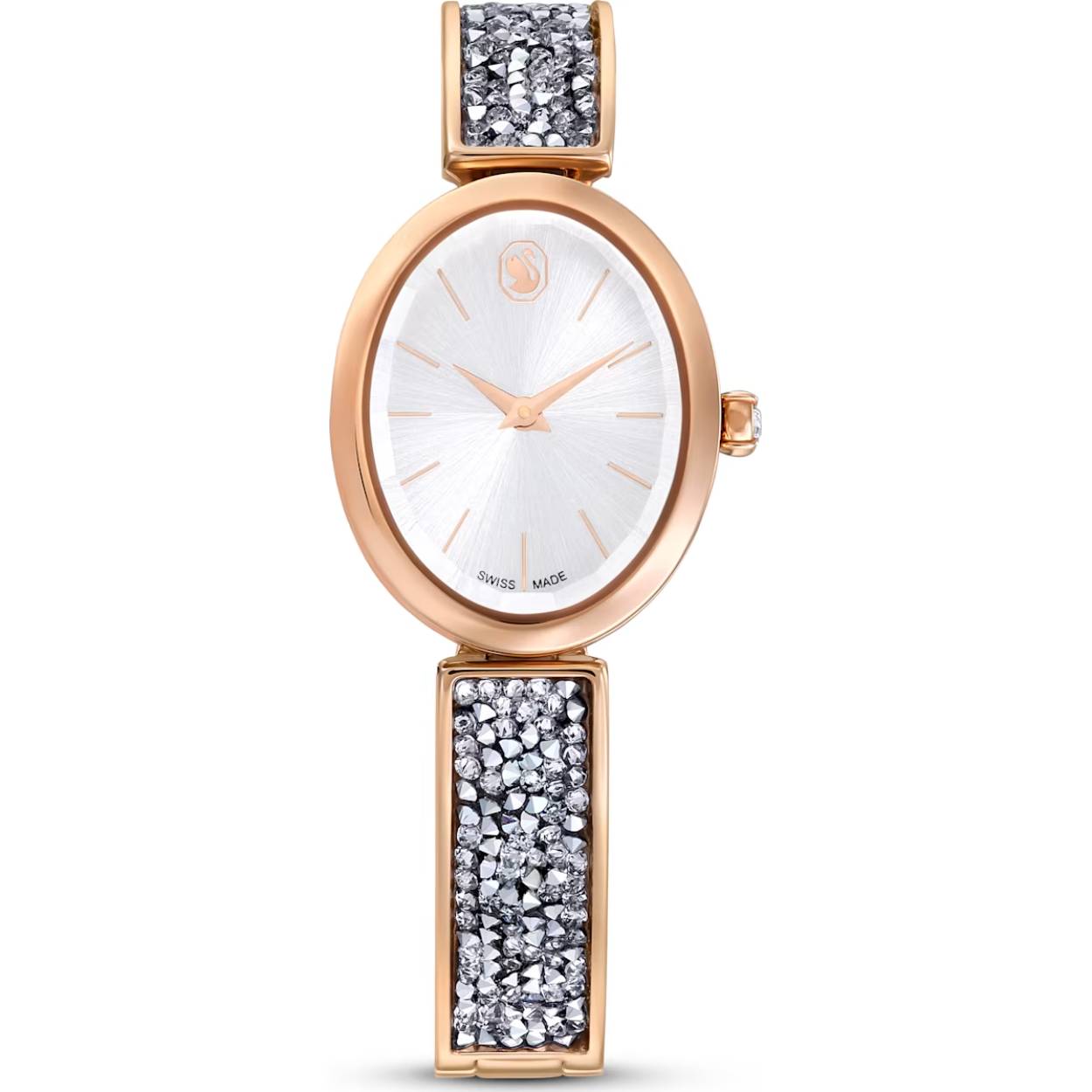 Het luxe ovale Crystal Rock-horloge biedt de ultieme combinatie van puurheid met sensationele glamour. De elegante ovale horlogekast is 26 mm x 29 mm met een roségoudkleurige afwerking. Onder het glas zit een witte wijzerplaat met zonnestralenmotief en de Swarovski-zwaan op 12 uur, en de kroon van het horloge is voorzien van één steen. De horlogekast is bevestigd op een verstelbare metalen armband die is voorzien van zo'n 232 ultrafijne Crystal Rocks, waardoor er een schitterend effect ontstaat. Dit Swiss Made-horloge is waterbestendig tot 50 m, zorgt ervoor dat u iedere dag in stijl op tijd bent en heeft een kenmerkende stijlvolle look die u moeiteloos zowel overdag als 's avonds kunt dragen.