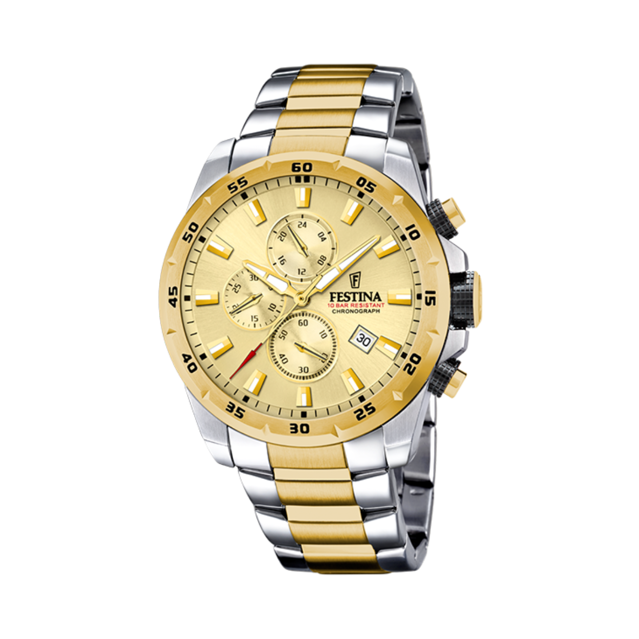 Festina herenuurwerk bicolor - Goud/zilverkleurige band en kast in edelstaal - Goudkleurige wijzerplaat multifunctie met datumaanduiding - Chronograaf - Waterdichtheid: 10 ATM