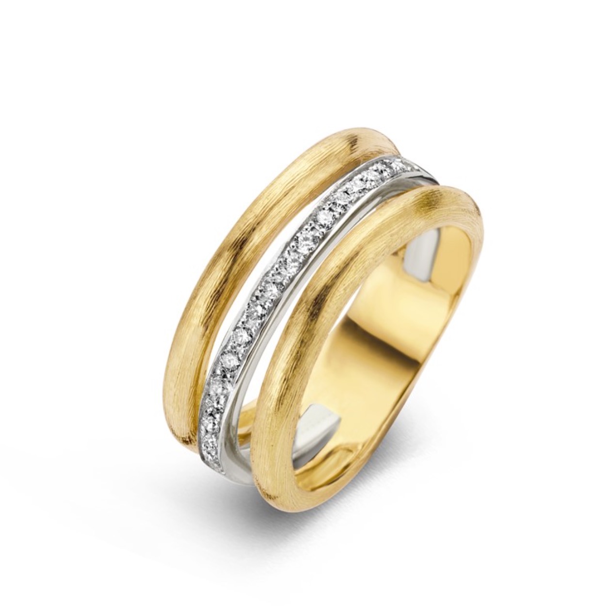 Bicolor (goud/zilverkleurige) gouden ring in 18 kt met briljant: 0,26 ct
De buitenste randen hebben een matte afwerking.
Breedte ring: 9,3 mm
De prijs kan variëren naargelang de goudprijs