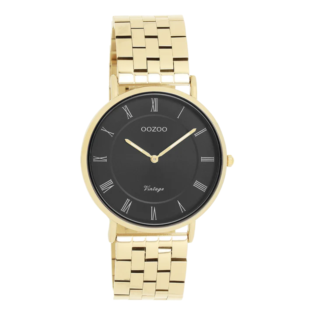 Horloge van Oozoo met een zwarte wijzerplaat en goudkleurige stalen band.