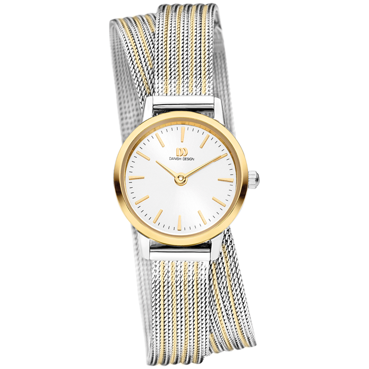 Danish Design dames horloge IV85Q1268 
Goudkleurige kast met witte wijzerplaat
Bicolor meshband
3 ATM waterdicht