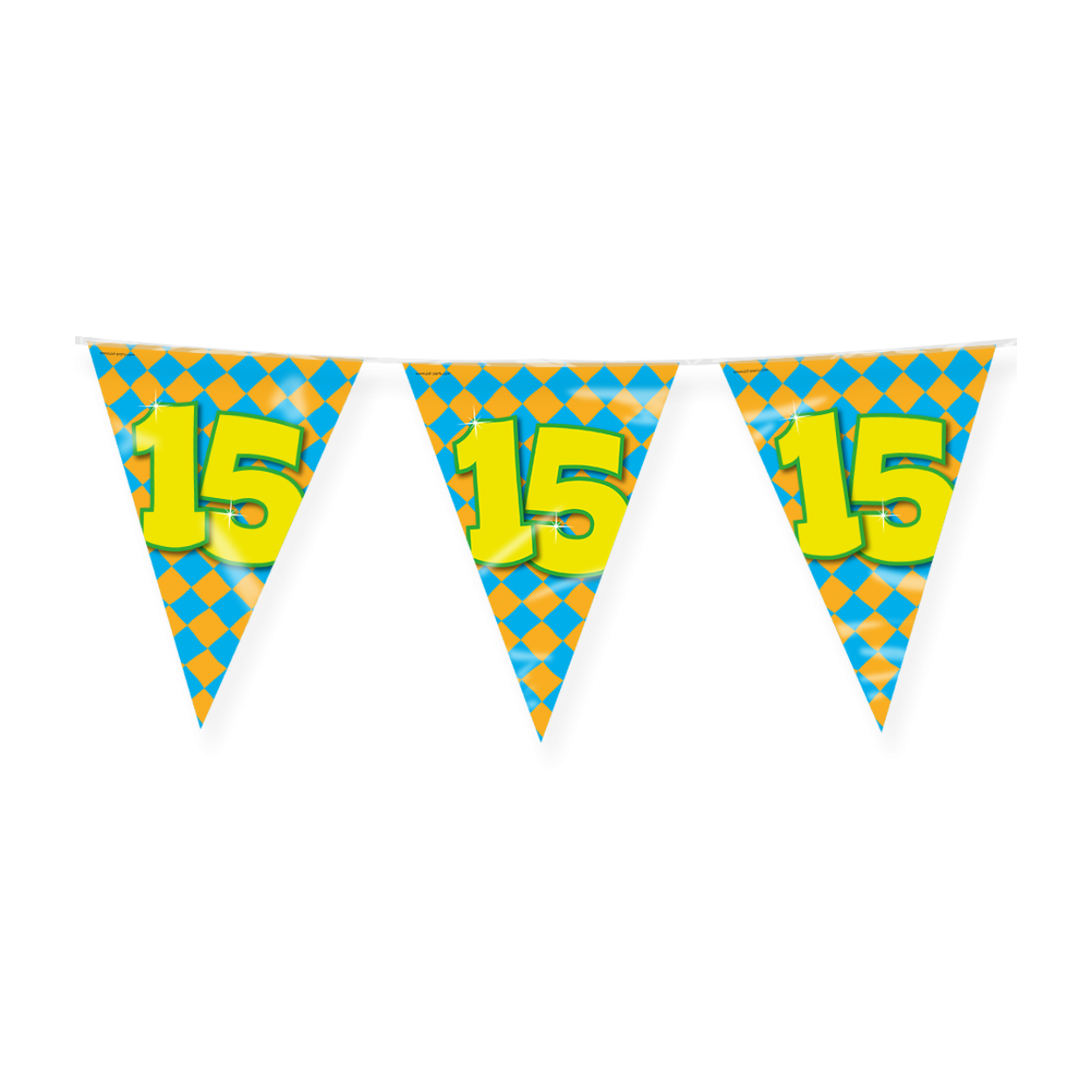 De Happy folieslinger met opdruk 15 maakt een speciale dag nog specialer! Dubbelzijdig bedrukt om de gelukkige gelegenheid te benadrukken. Onze driehoekige en puntige vlaggen hebben een totale lengte van 10 meter
