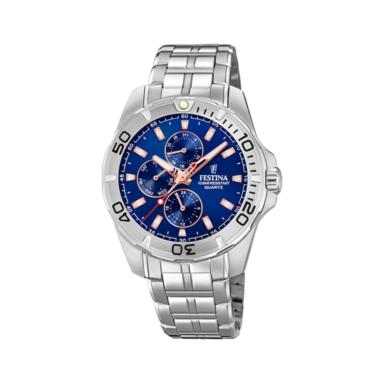 Herenuurwerk van Festina uit de 'Multifunction' collectie
Donkerblauwe wijzerplaat multifunctie met datumaanduiding
Waterdichtheid: 10 ATM