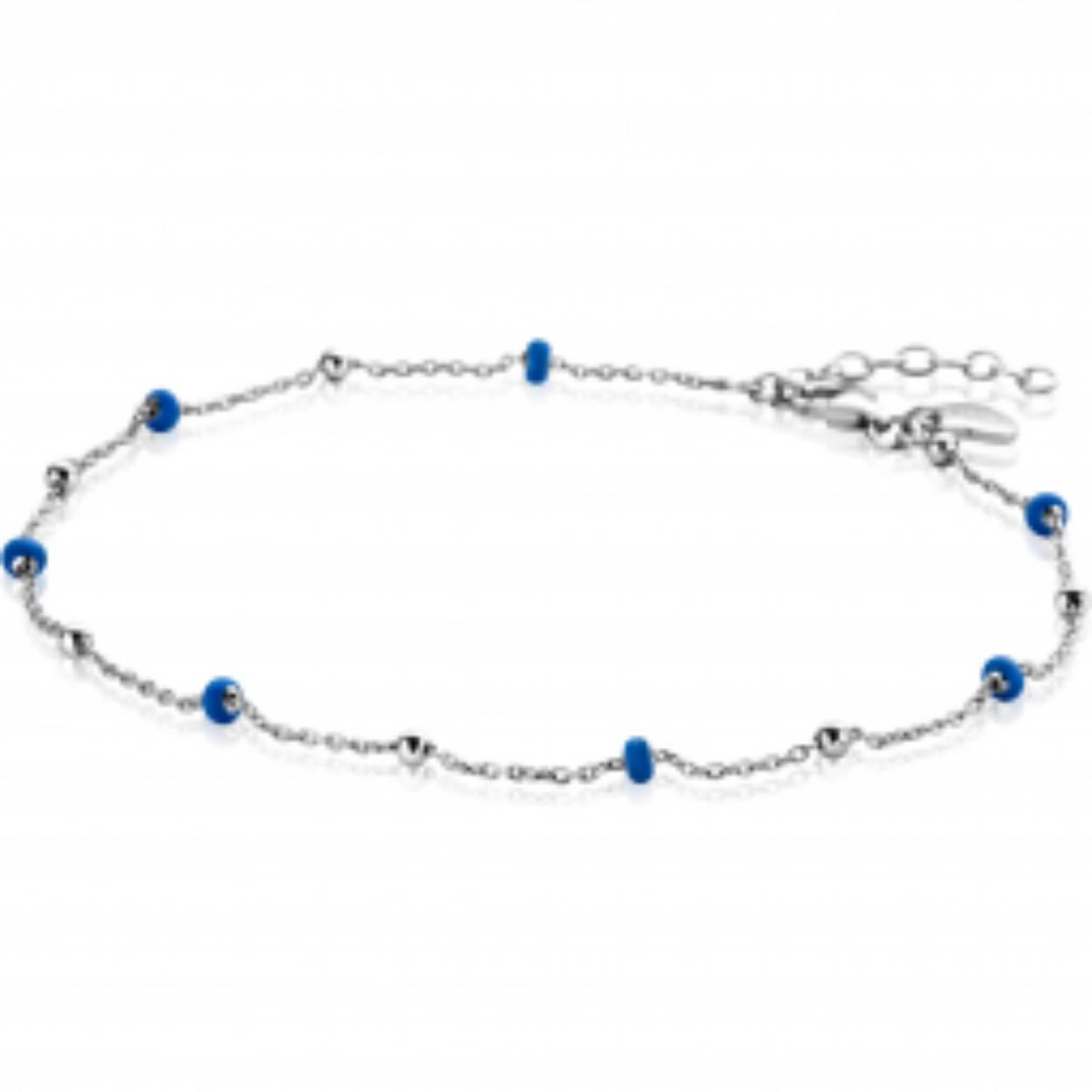 ZINZI zilveren fantasie enkelband met glanzende zilveren bolletjes en 7 blauwe donuts (3mm breed). De lengte van de enkelband is te variëren tussen 23 en 27cm. De enkelband is vervaardigd van eerste gehalte zilver (925) en extra gerhodineerd.