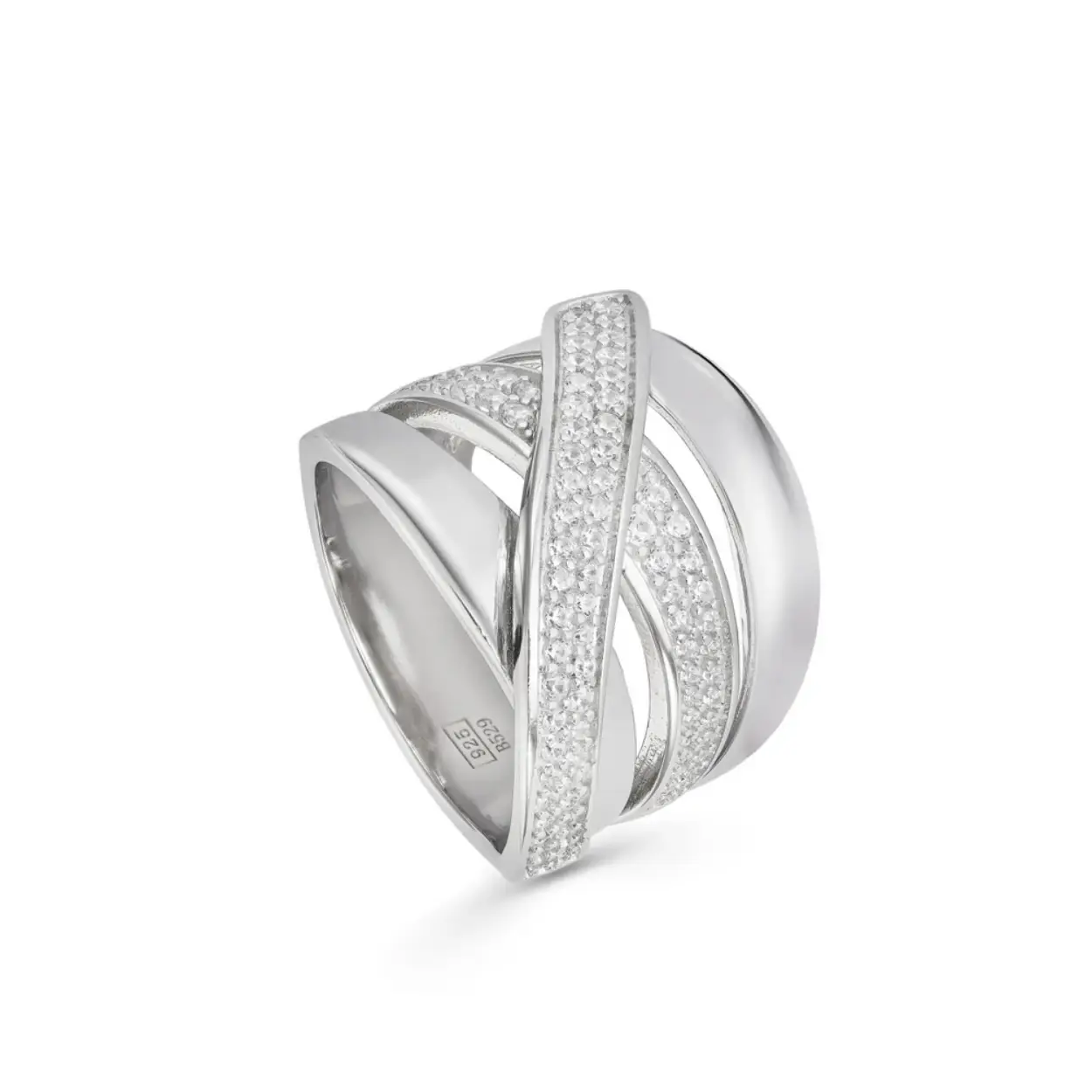 Large silver rings with crossed design and zircons. An elegant design perfect to combine with your outfits. Large silver ring with crossed rails design with zircons set. The perfect ring to wear with earrings and matching pendant that will make you shine like never before.
