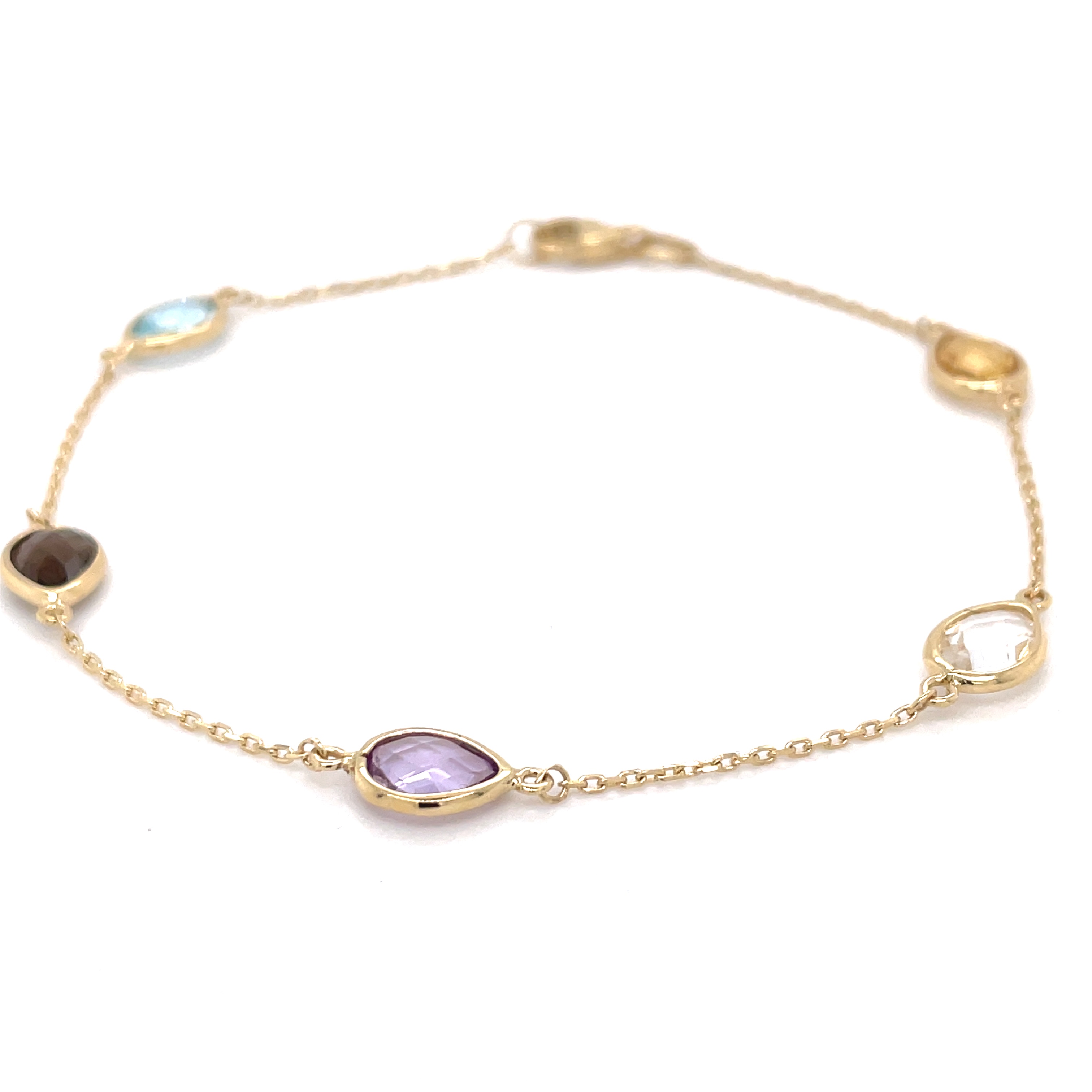 Geelgouden armband met topaas, citrien, amethist, rookkwarts en bergkristal