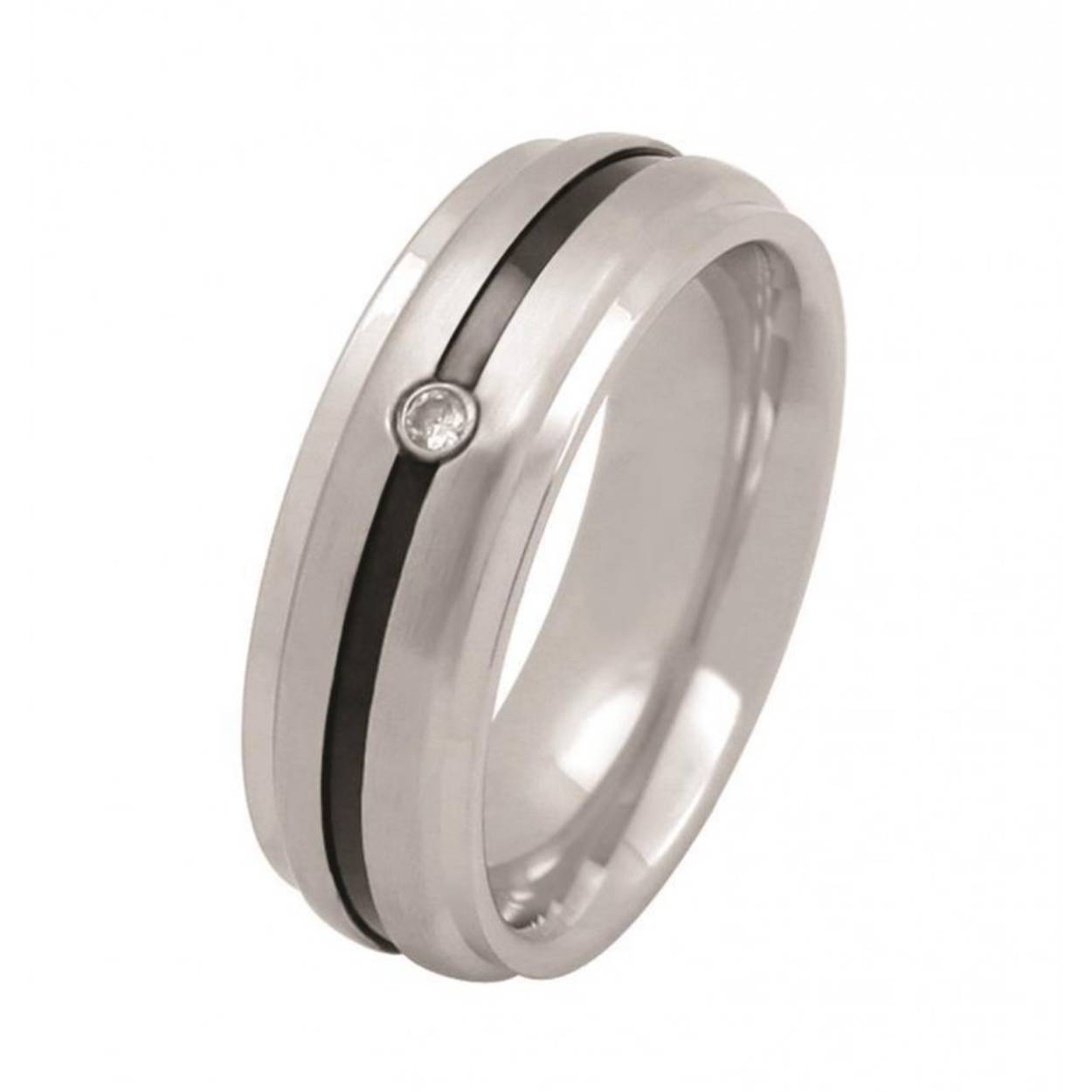 Staal ring met zwarte baan 1x zirkonia - 6 mm