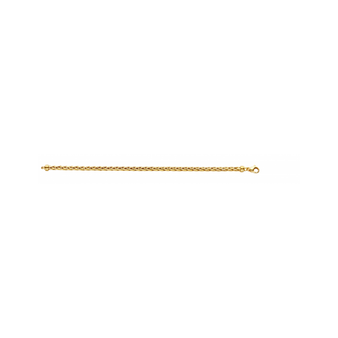 14krt geelgouden armband met zilverkern. Schakel: Spiga. Diameter: 5mm. Lengte: 19cm. Bijpassend collier mogelijk.