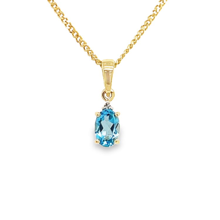 Deze geel gouden hanger bevat een schitterende Swiss Blue Topaas. De kleursteen is gezet tussen vier gouden zetpoten met daarboven een klein diamantje. Een prachtige subtiele hanger voor een kleurrijke gelegenheid.

Note: het kettinkje hoort niet bij de hanger, deze is enkel gebruikt voor de foto.