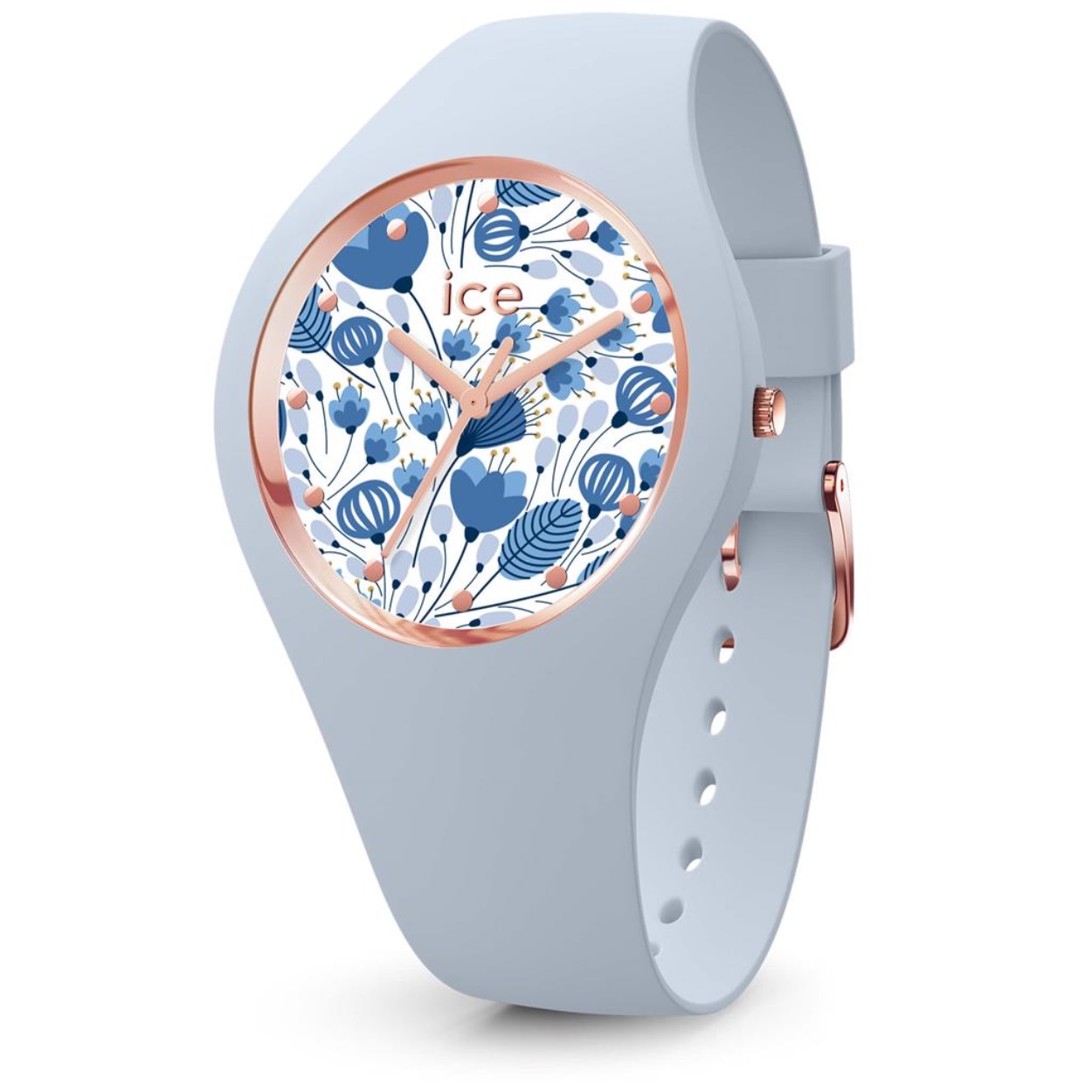 Ice Watch, collectie Ice Flower, model 'Pastel Lotus' - maat M - Lichtblauwe siliconen band - Witte wijzerplaat met blauwe bloemen - Rosékleurige uuraanduiding en gesp - Waterdichtheid: 10 ATM