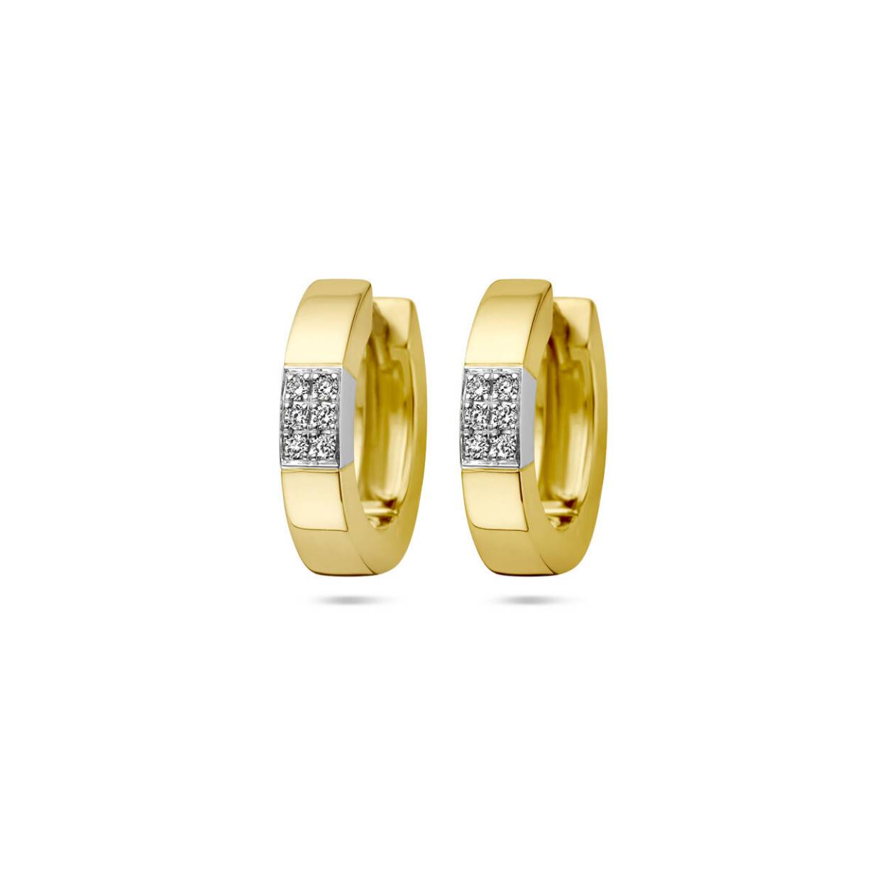 14k Bicolor geel- en witgouden klapoorringen met een afmeting van 13.5x3mm. Uitgevoerd met een schitterende diamant rij.

