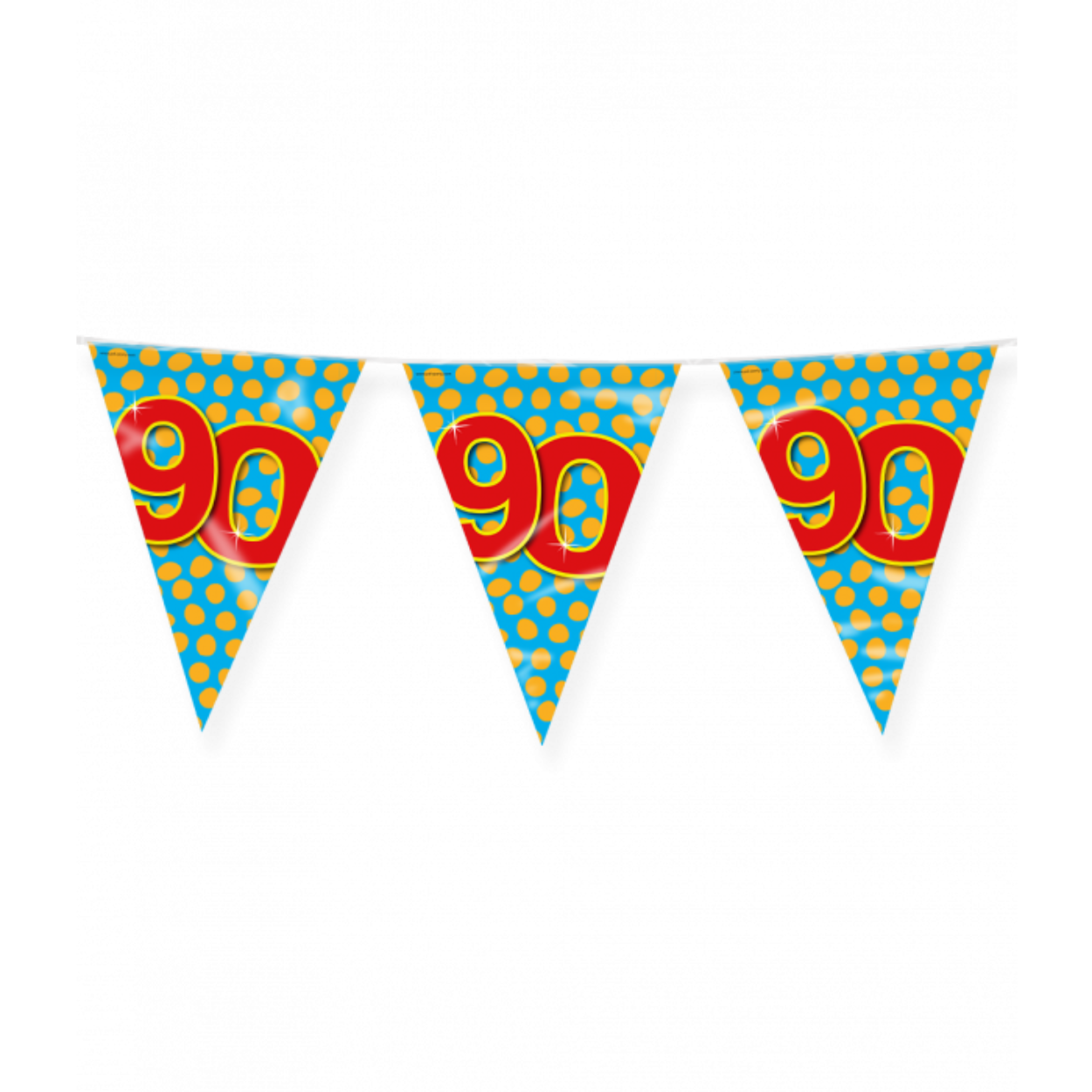 De Happy party flags 90 zijn de ideale versiering op de verjaardag van een 90-jarige. Door de vrolijke kleuren vallen deze party vlaggen dan ook extra goed op! De aan beide kanten bedrukte vlaggetjes zijn gemaakt van folie, hebben een lengte van 10 meter.