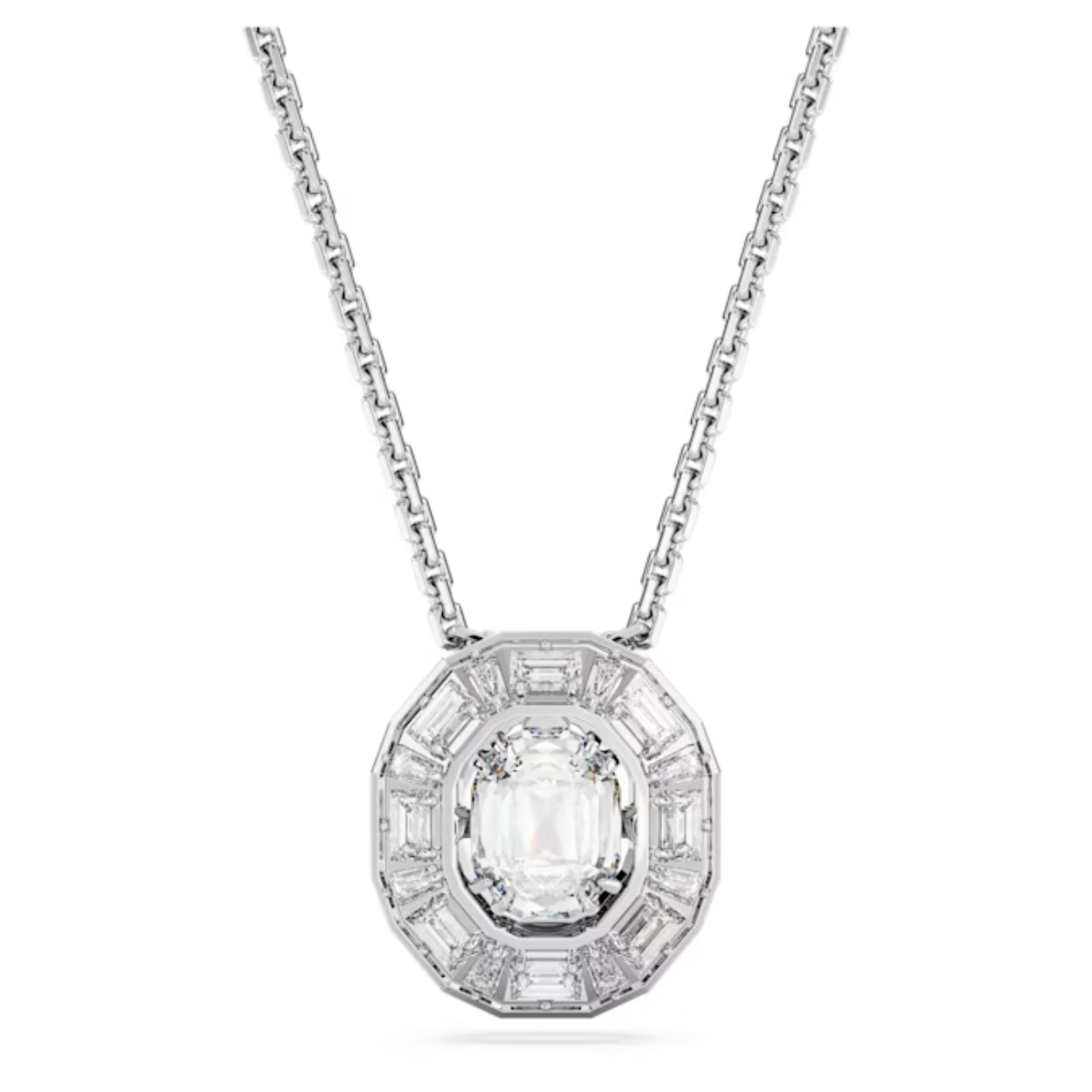 Deze Mesmera-hanger met een verrassende en prachtige combinatie van slijpvormen maakt elke outfit net wat specialer. Het sieraad met een rhodium toplaag hangt aan een fijne ketting en heeft een opvallende uitstraling, met een bewegende achthoekige Swarovski Zirkonia die wordt omringd door meerdere kristallen met een Baguette-trapslijpvorm. Een prachtig cadeau voor mensen met een verfijnd gevoel voor stijl.