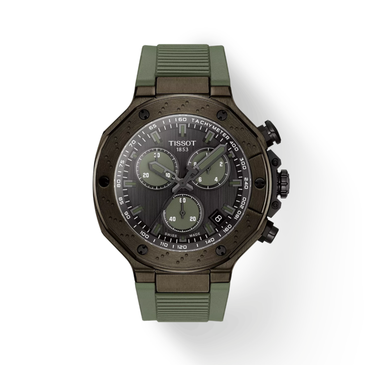 De Tissot T-Race quartz chronograaf is een sportief en opvallend accessoire voor de moderne man. Met een kast van 316L roestvrij staal en een olijfgroene PVD-coating voegt het een vleugje elegantie toe aan elke pols. De donkergrijze wijzerplaat met olijfgroene wijzers en totalisators zorgt voor een stijlvolle look. Het horloge heeft een hoogwaardig Zwitsers quartz uurwerk dat zorgt voor een nauwkeurige tijdweergave. Het krasbestendige, ontspiegelde saffierglas garandeert extra robuustheid en duurzaamheid. Met een waterdichtheid tot 10 bar (100 m) is het horloge ook ideaal voor dagelijks gebruik. De sportieve groene siliconen band met gesp maakt de look compleet en zorgt voor comfortabel draagcomfort. Het horloge is niet alleen een praktisch horloge, maar ook een fashion statement voor mannen die waarde hechten aan stijl en functionaliteit.