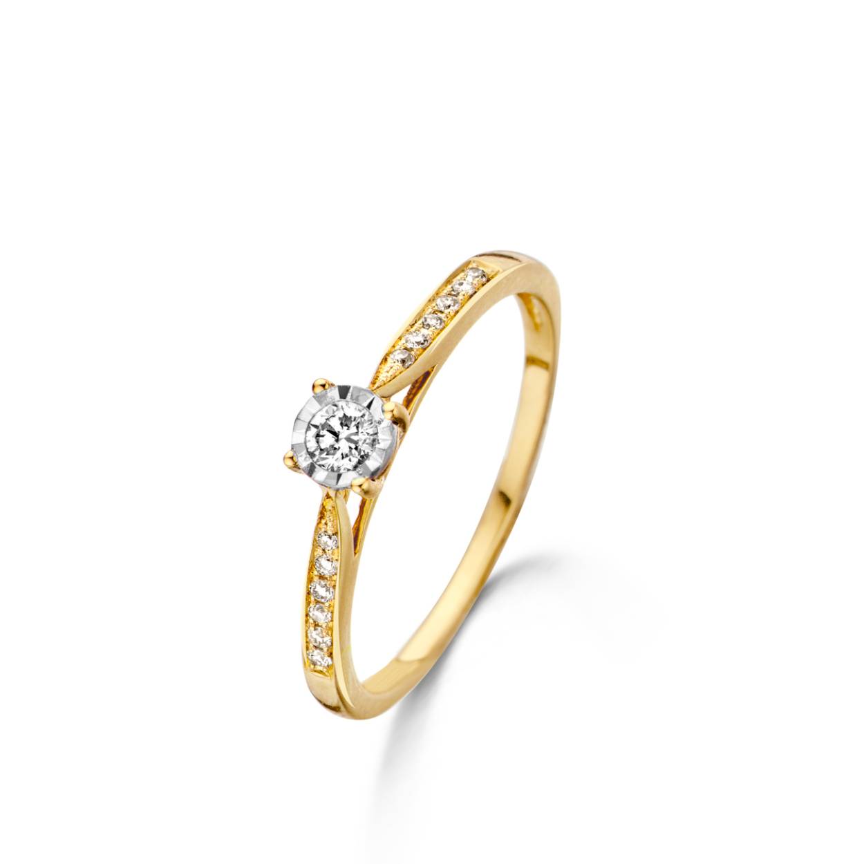 Naiomy geel gouden solitaire ring 18KT met stenen op de band briljant