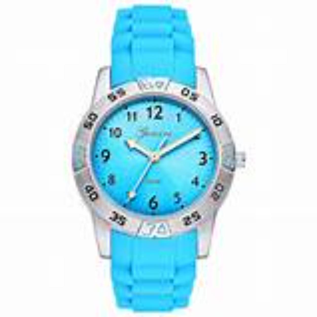  Vrolijk vormgegeven KINDERHORLOGE uit de GARONNE kidscollectie. Het vrolijke horloge is voorzien van een ZILVERKLEURIGE, stalen kast met een afmeting van 33 mm met BLAUWE wijzerplaat waarop wijzers en index. De BLAUWE, siliconen horlogeband sluit door middel van een gespsluiting.