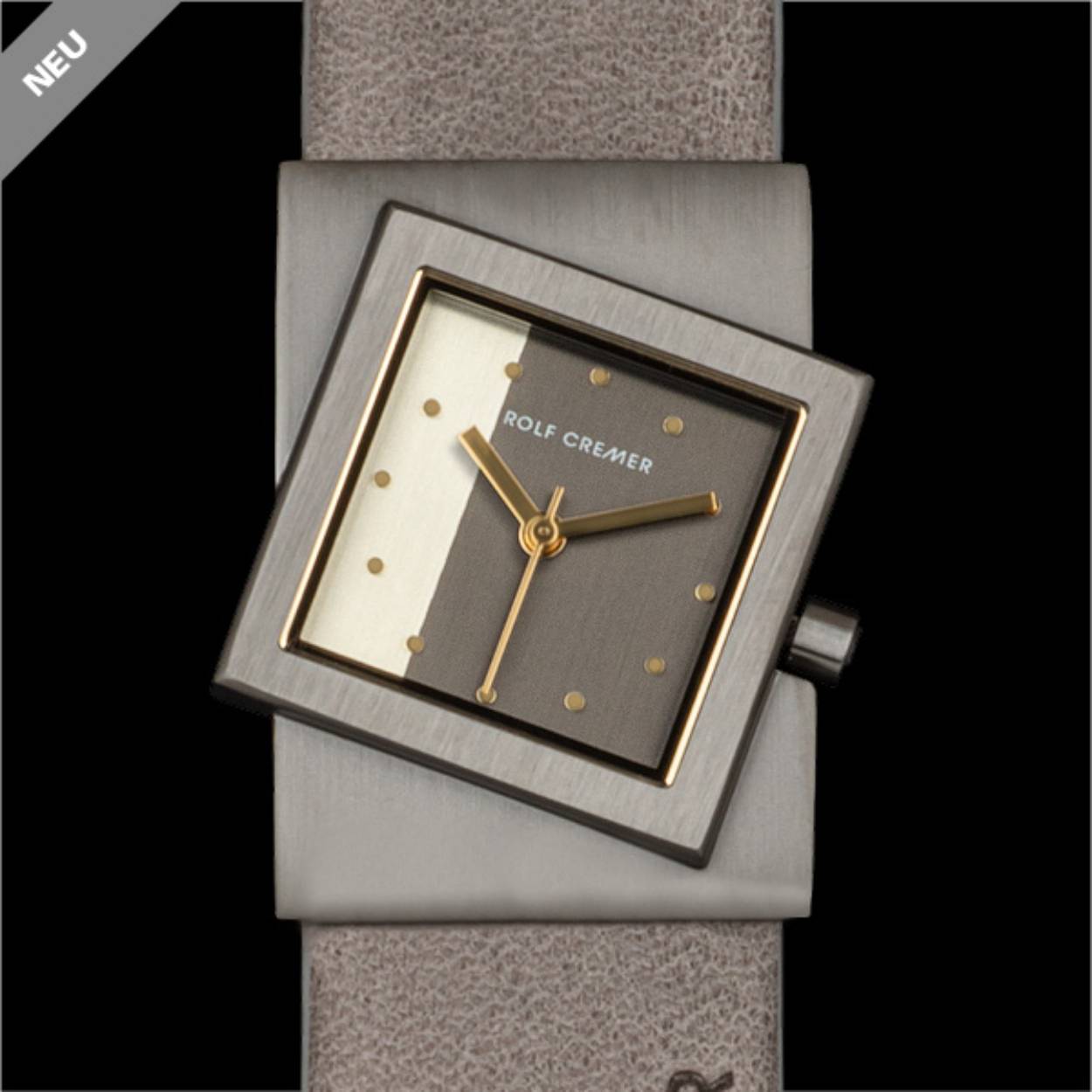 Modern titanium horloge met een twist. Tweekleurige wijzerplaat en goudkleurige accenten