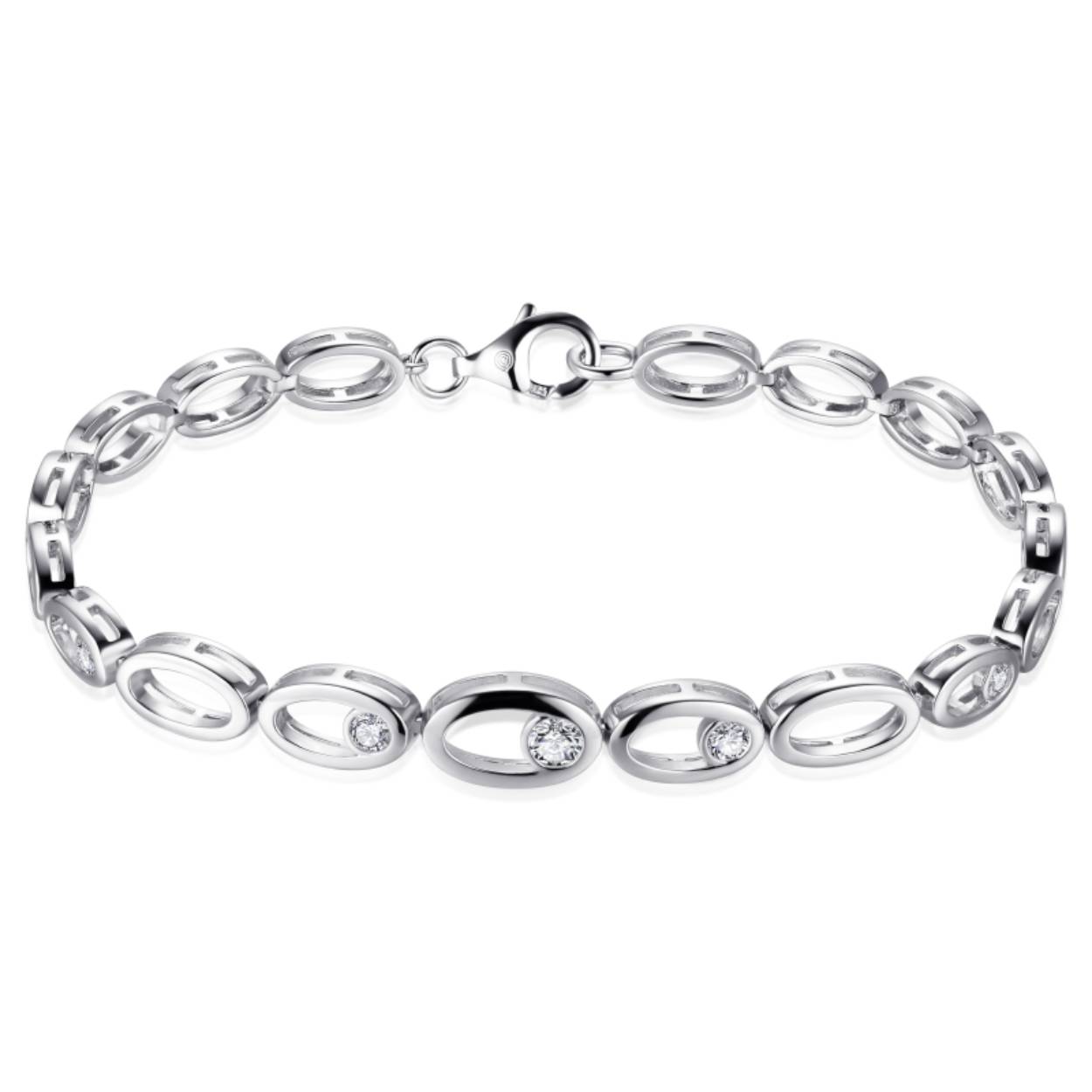 Mooie Zilveren fantasie armband met zeven zirkonia's in kastzetting is beschikbaar in de maten: 18cm, 19cm, 20cm. 

Als u dit product wilt bestellen, kan u bij het afrekenen in het kopje opmerkingen de gewenste maat doorgeven. Bijvoorbeeld: maat 19cm.

Leuk te combineren met het collier N912.