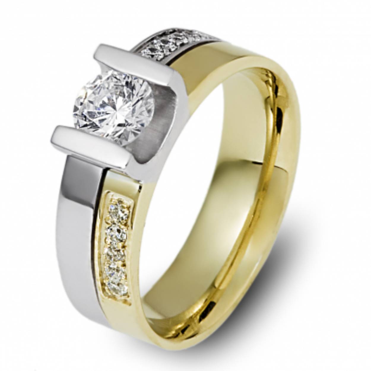 585 bicolor trouwringen geel/witgoud. 6.2 mm breed. Glanzend. De damesring is gezet met totaal 0.095ct briljant 11 steens.
De prijs is op aanvraag