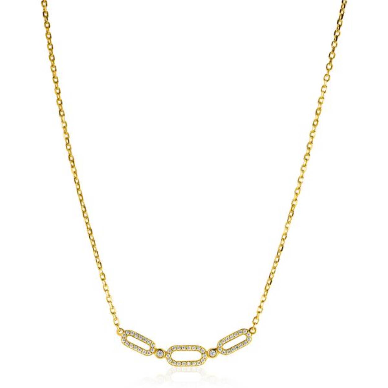ZINZI gold plated zilveren ketting 45cm met drie ovale schakels, bezet met witte zirconia's 
