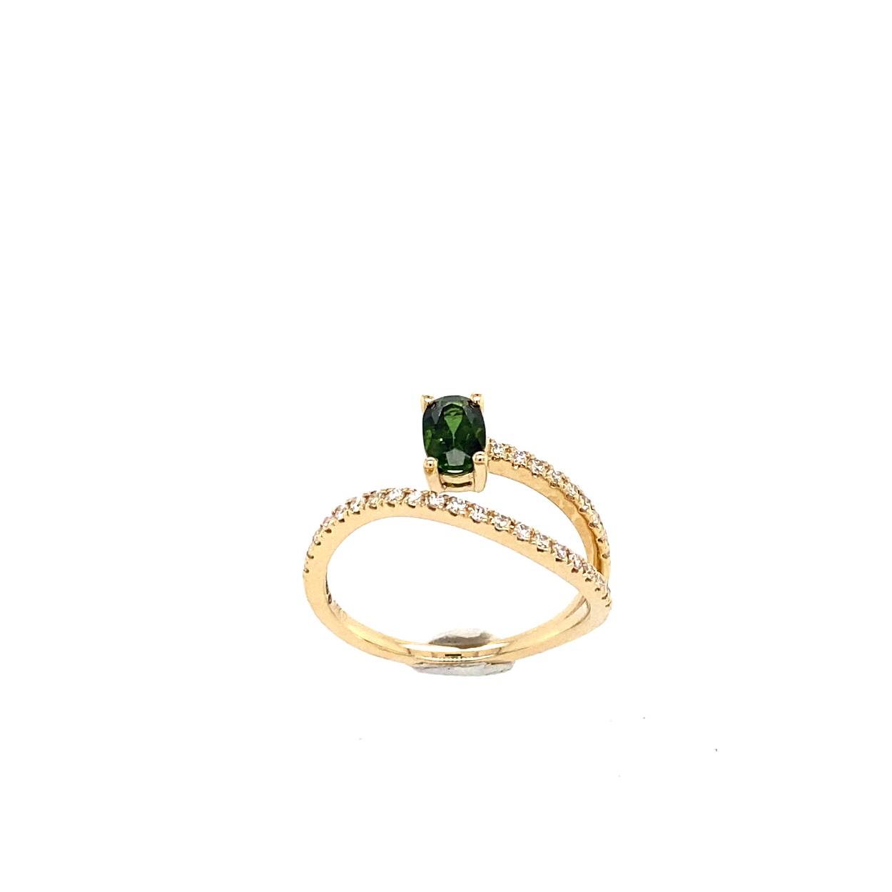 Geelgouden ring met diamant ( 0.22ct )en groen tourmalijn (0.55ct)