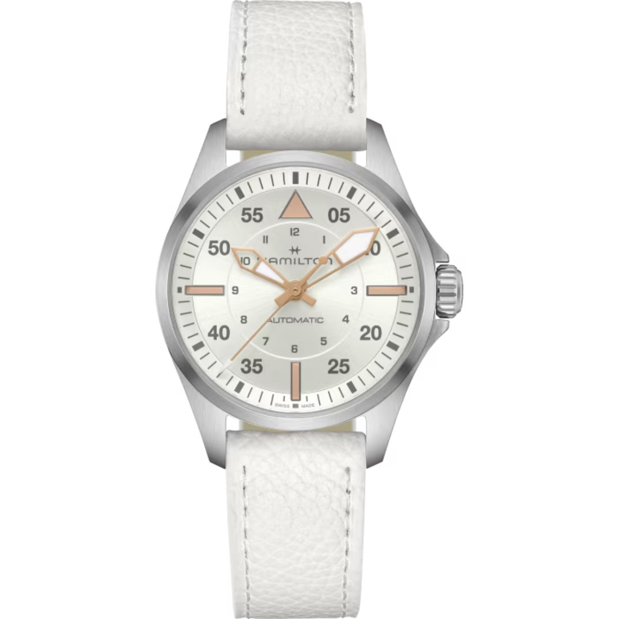 De Hamilton Khaki Aviation Pilot H76215850 is een elegant polshorloge met een roestvrijstalen ronde kast van 36 mm. De wijzerplaat is van parelmoer met Arabische cijfers, en gehard saffierglas beschermt het geheel. Het horloge is nikkelvrij, anti-allergisch en heeft een Zwitserse beweging. Ideaal voor dagelijks gebruik met casual en formele outfits.