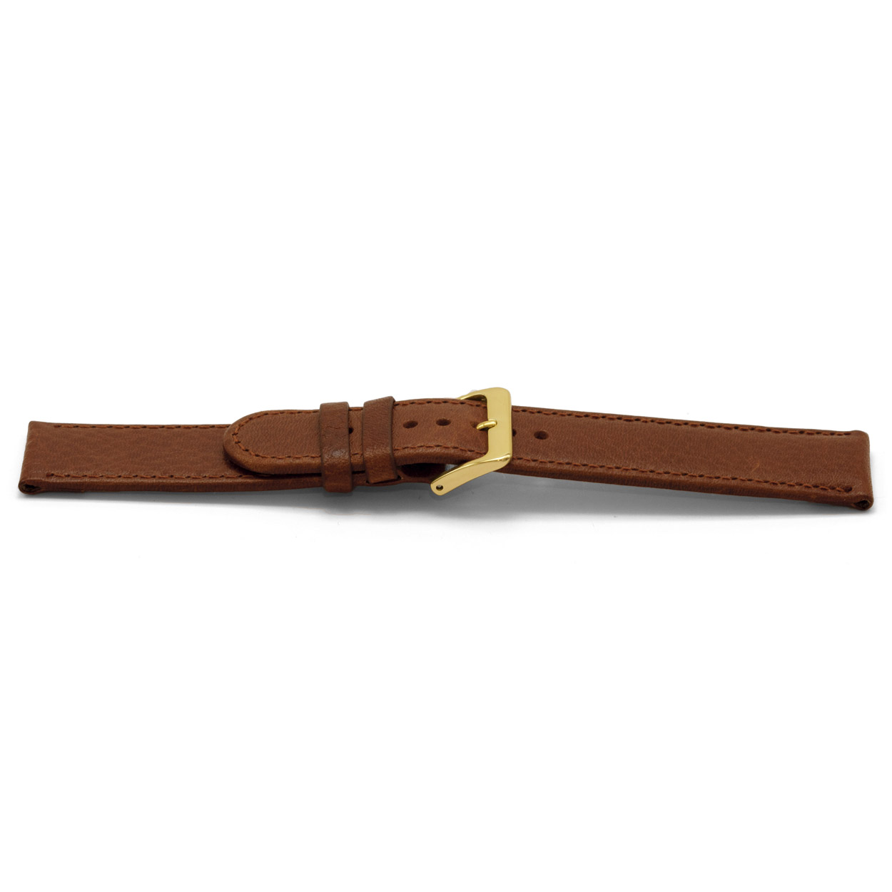 Bruin lederen horlogeband met goudkleurig aluminium gesp.
Kleur band: Bruin
Band dikte: 2.5mm
Band lengte: 75/115mm
Band breedte: 18x18mm
Gesp: Aluminium
Bekleding binnenband: Nubuck
Gestikt: Ja, dezelfde kleur als de band. 
Pushpin: Exclusief
Hypo allergisch: Ja
EAN: 8716667161924