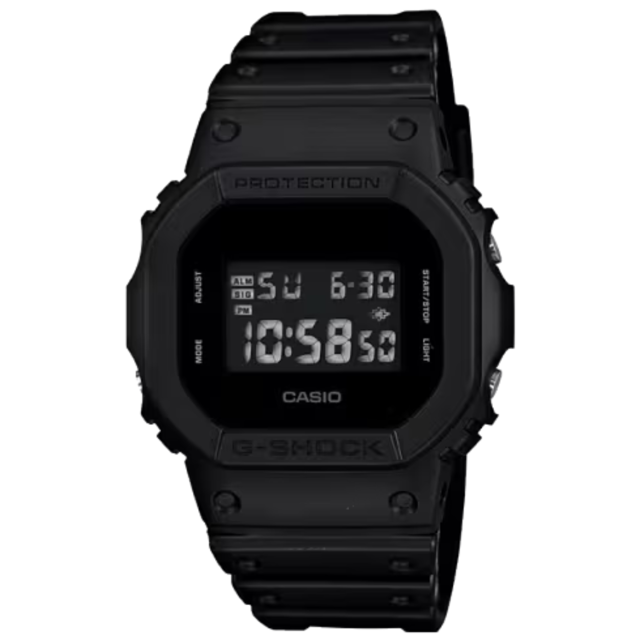 Casio G-Shock horloge digitaal DW-5600UBB-1ER. Dit is een zwart-wit G-Shock-model met "Solid Colors"-thema in zwart. Dit horloge is volledig zwart en de effen structuur wordt benadrukt door de enkele kleur. De matte kleur op de behuizing en de band van het horloge zorgt niet alleen voor een eenvoudig kleurenschema, maar benadrukt ook de vorm van het horloge zelf. Dankzij het opvallende, solide ontwerp kunt u dit model als een modestatement dragen.