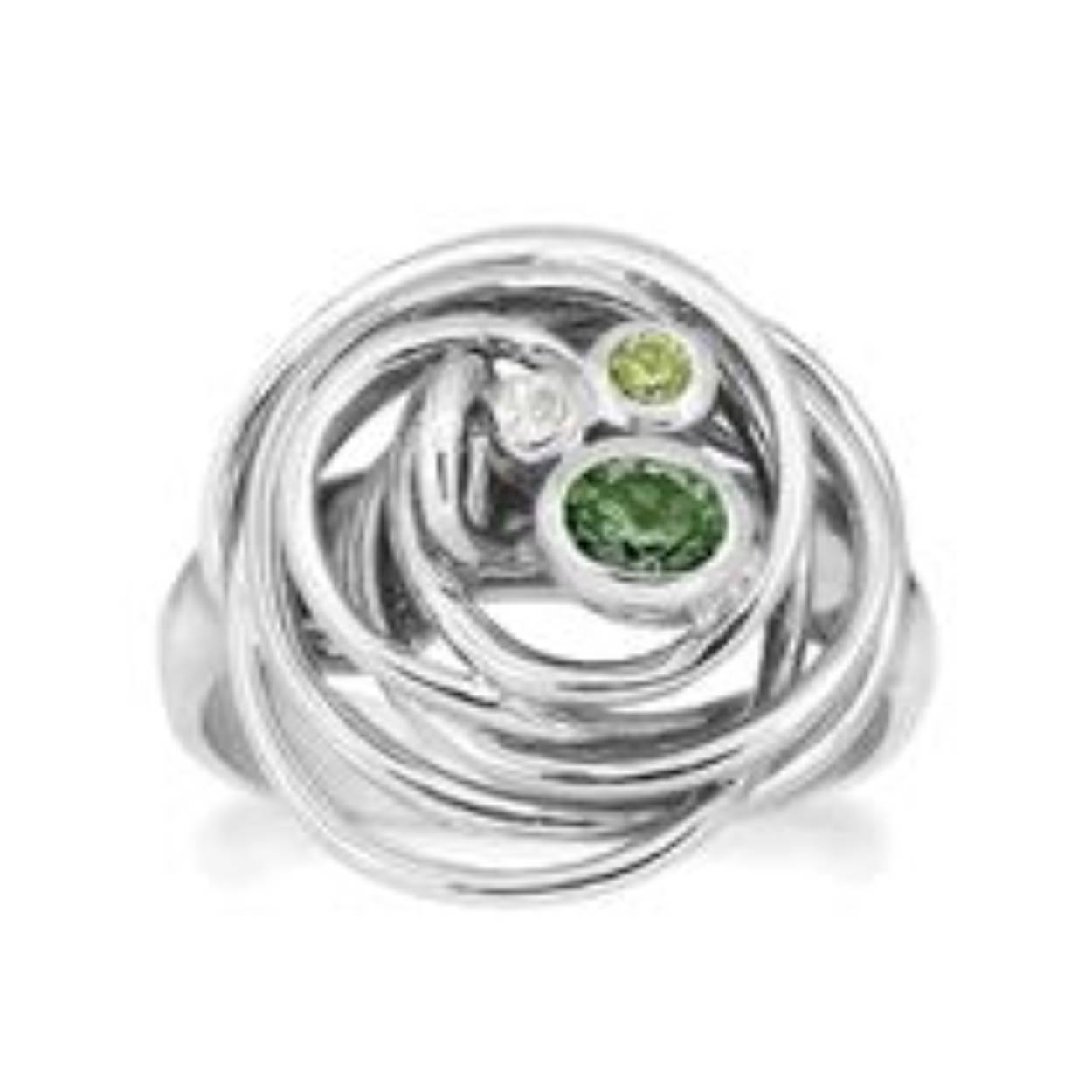 Deze sterling zilveren ring heeft een gedraaid element met een 4 x 3 mm groene kwarts, een 2mm ronde peridoot en een 1,5 mm witte topaas.