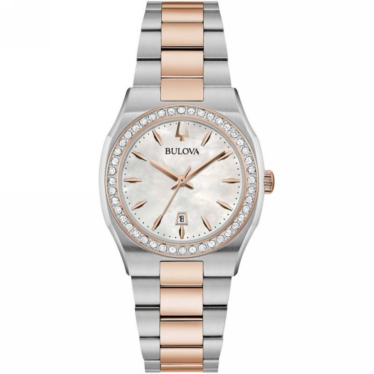 Parelmoer wijzerplaat. Staal met diamanten. Vlindersluiting. 22 diamanten op de bezel