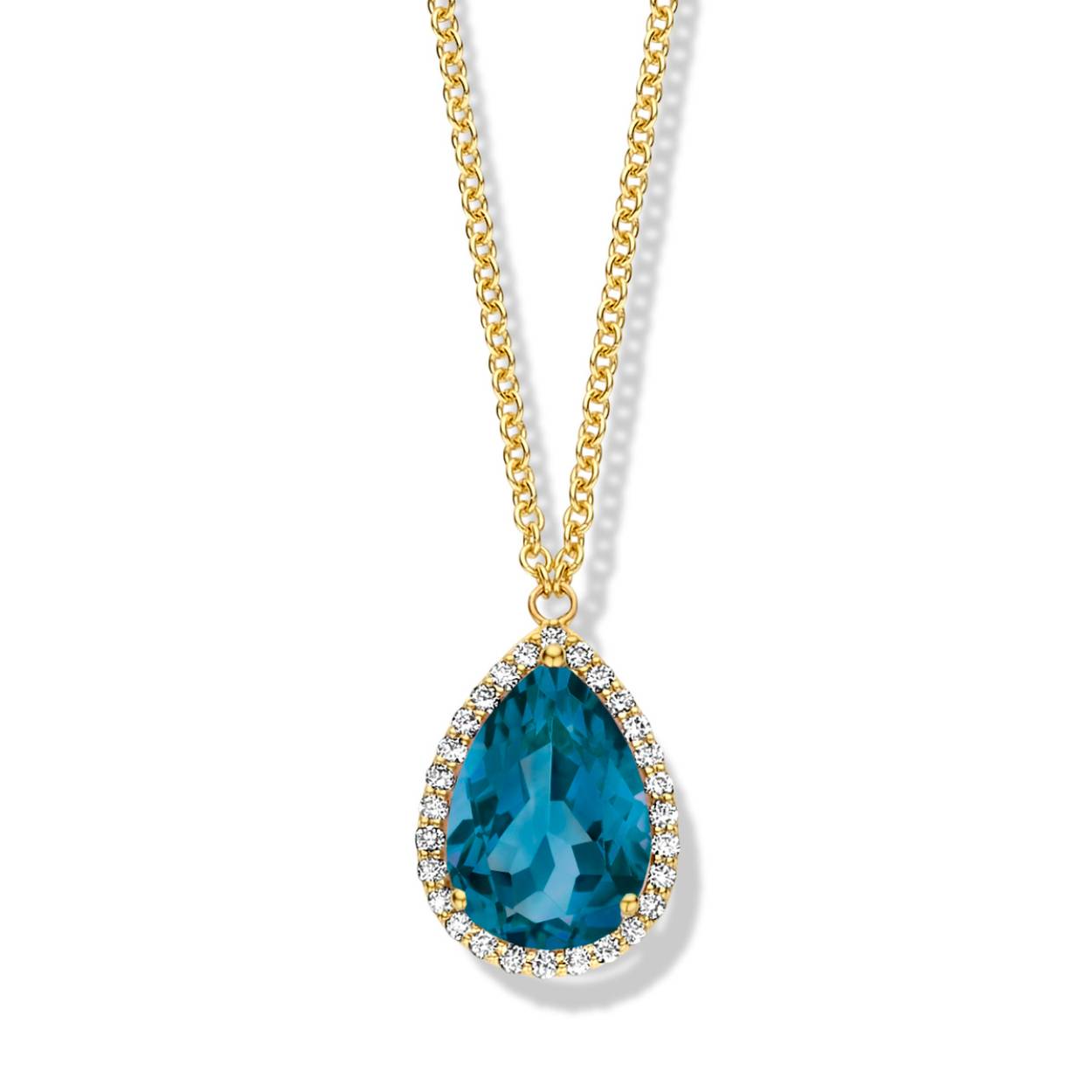 Halsketting goud 18kt met diamanten en blauwe topaas. One More