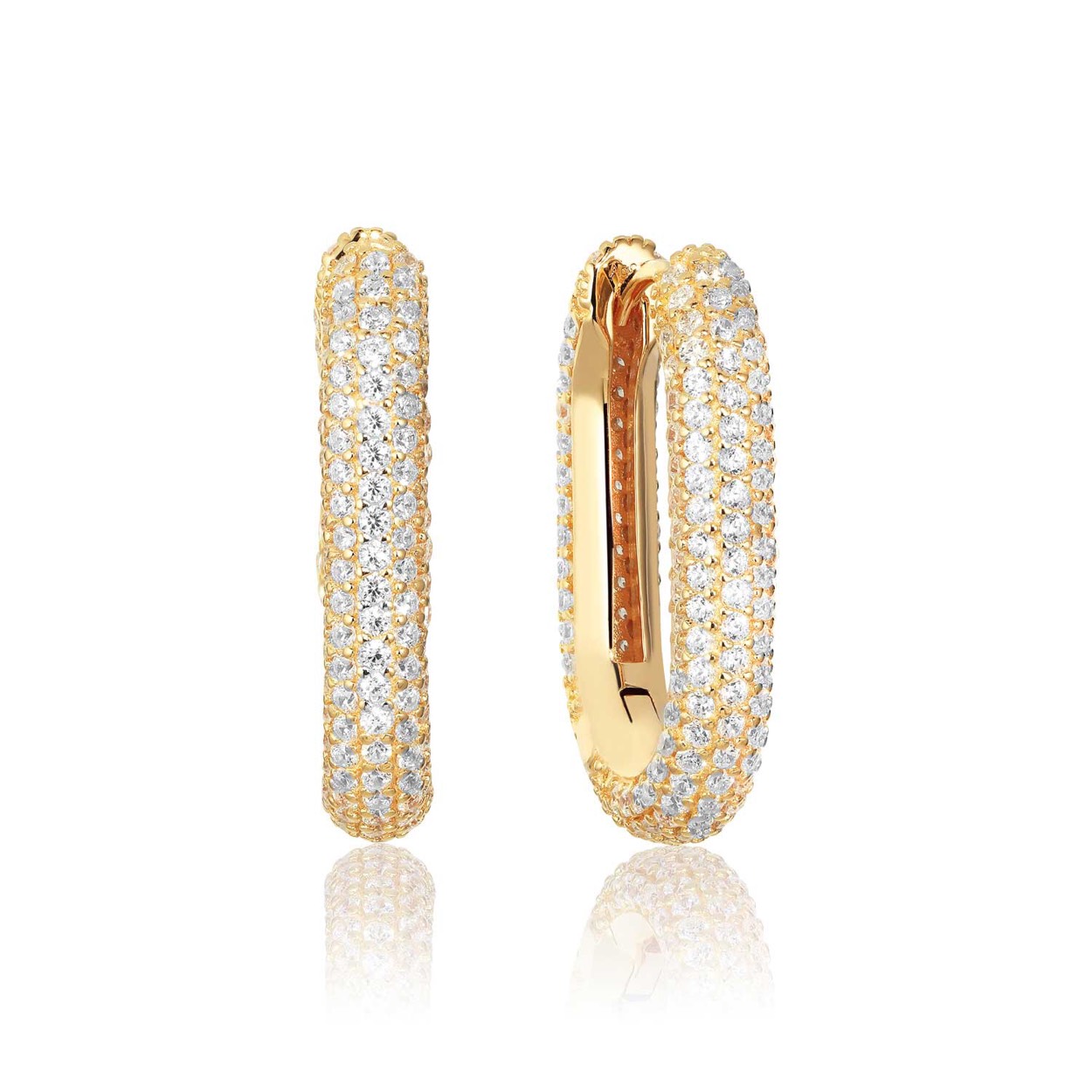Oorringen uit de exclusieve Capri serie van 18 karaats verguld 925 Sterling zilver, glanzend oppervlak en facetgeslepen witte zirkonia.

Afmetingen oorbellen: lengte 25 mm, breedte 4 mm, dikte 4 mm