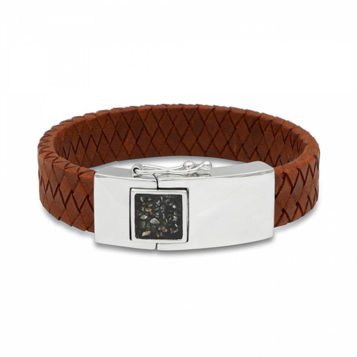 See You cognac kleur gevlochten leren armband met brede zilveren sluiting - met veiligheidsachtje- waar eventueel as in verwerkt kan worden.  SEE-BG011