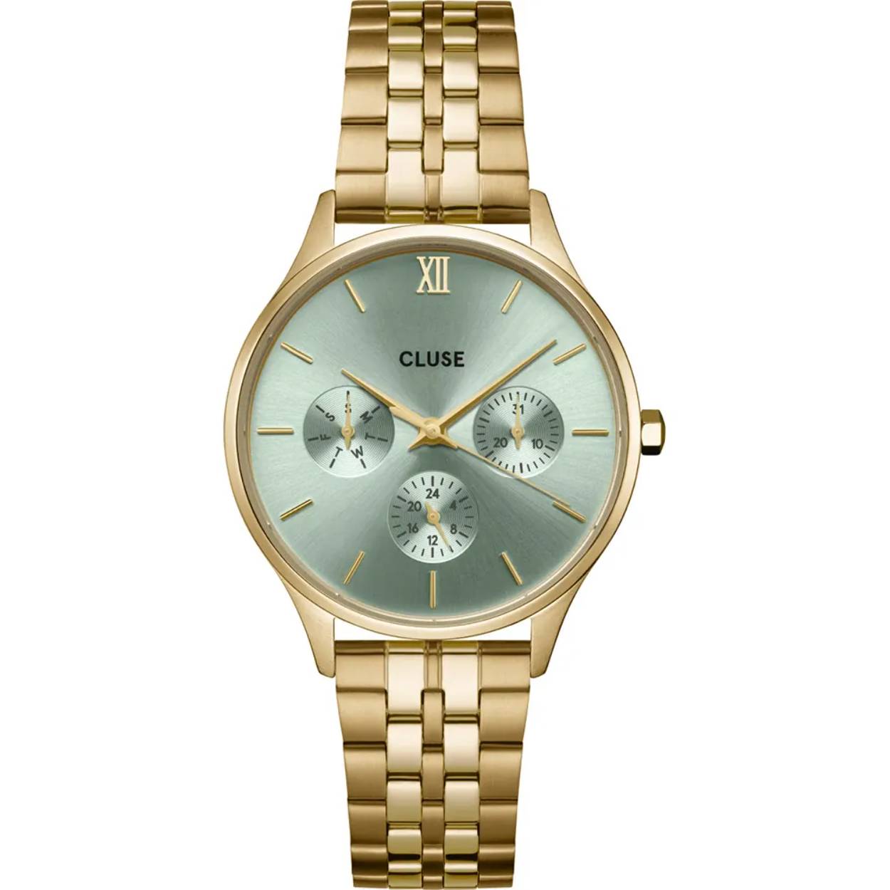 CLUSE Minuit Multifunction Watch Steel, Sage Green, Gold Colour.
Dit Cluse horloge heeft een kast gemaakt van Roestvrijstaal met een diameter van 34 mm en is voorzien van een metalen band. In de kast bevindt zich een Seiko Instruments Inc. kwaliteitsuurwerk en is afgewerkt met Mineraalglas.

Het horloge is 5ATM. Dit betekent dat het horloge geschikt is om mee te douchen. Verder wordt het horloge geleverd met 2 jaar garantie.