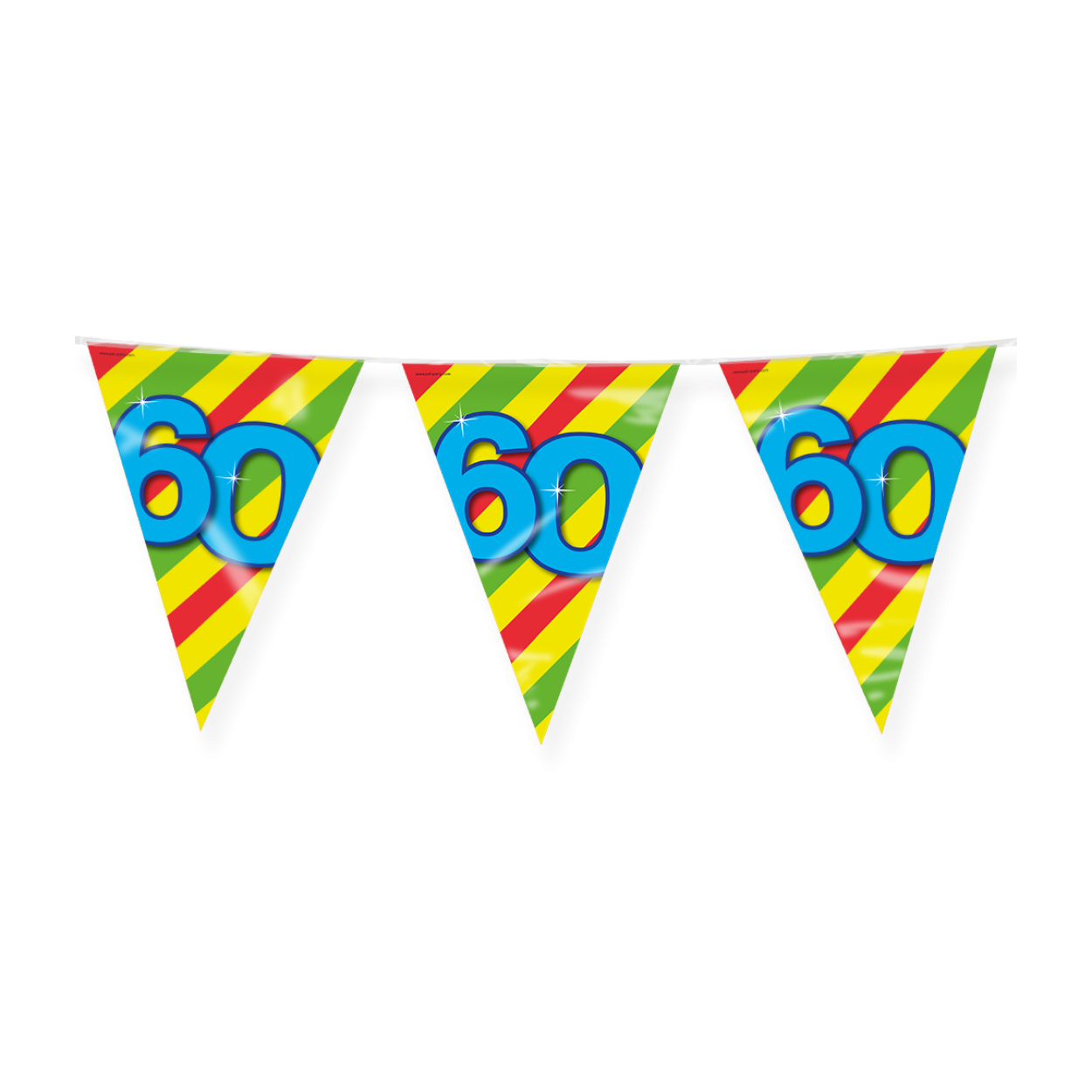De Happy party flags 60 zijn de ideale versiering op de verjaardag van een 60-jarige. Door de vrolijke kleuren vallen deze party vlaggen dan ook extra goed op! De aan beide kanten bedrukte vlaggetjes zijn gemaakt van folie, hebben een lengte van 10 meter