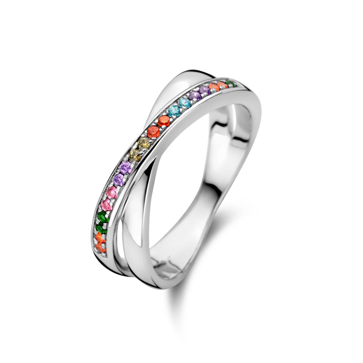 zilveren RdL ring, X multicolor cz mt54