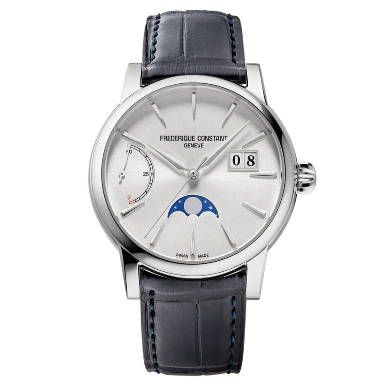 Dit Frederique Constant horloge behoort tot de Manufacture collectie. 
Referentienummer: FC-735S3H6

Dit klassieke Frederique Constant horloge heeft een automatisch manufacture FC-735 uurwerk met een gangreserve van 50 uur. Dit in-huis gemaakte uurwerk kent een grote datum, maanfase en gangreserve indicator. Deze 3 zijn te vinden op 3-6- en 9 uur. Het horloge heeft een stalen kast met een blauwe leren band. De 40 MM kast heeft een krasbestendig saffierglas aan beide zijden en is waterbestendig tot 3 ATM / 30 M.