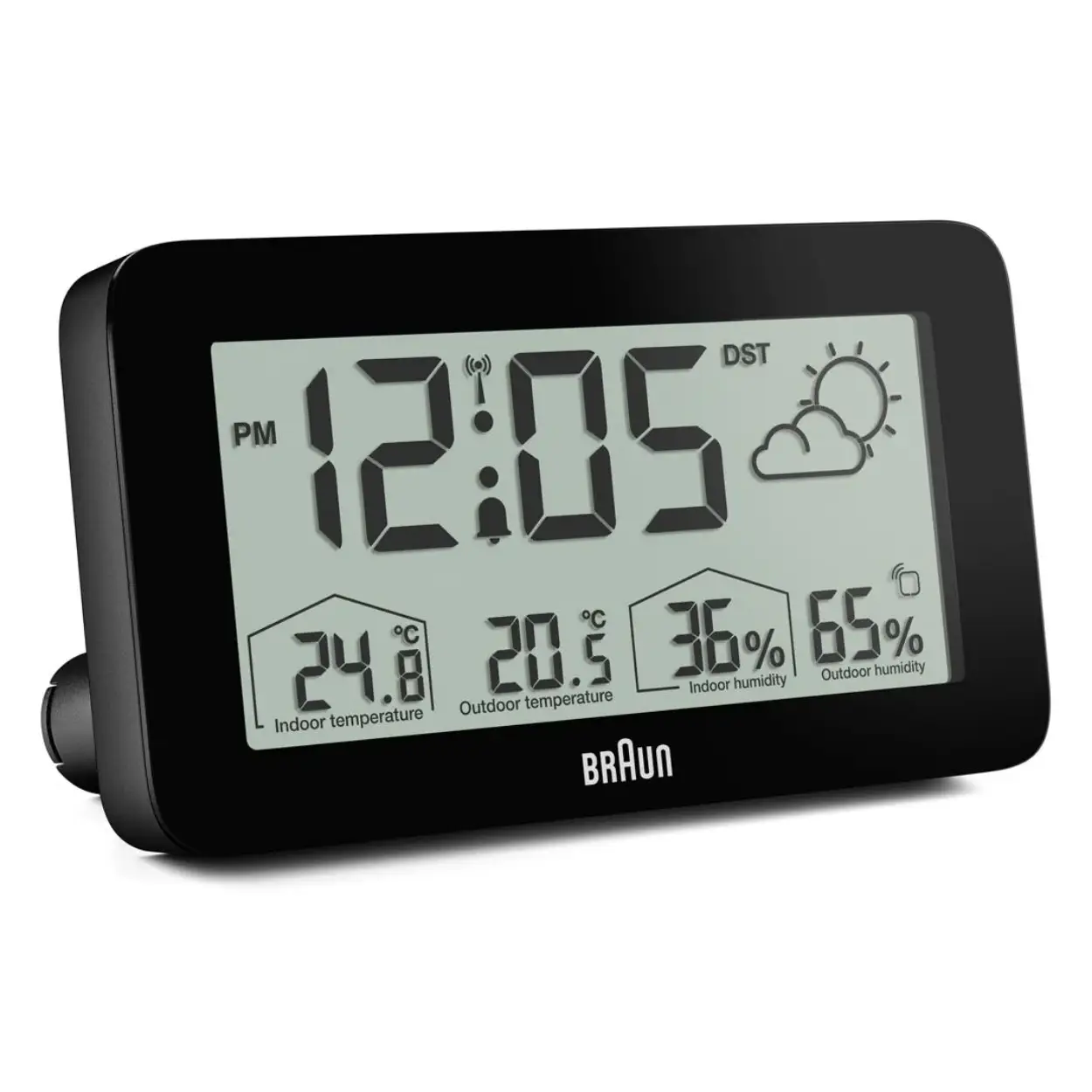 This Braun digital weather station features a positive LCD display with a continuous backlight function that illuminates the display when in a low-light environment to maximise legibility at night. It features a DCF signal Radio Controlled function for Central European Time Zone, ensuring ultimate accuracy at all times. The BC13-DCF can be set to either 12 or 24 hour mode, and displays the time, The BC13-DCF has a customisable interface that can display indoor and outdoor temperature (°C or °F) and indoor and outdoor humidity. The outdoor sensor also features a temperature display.