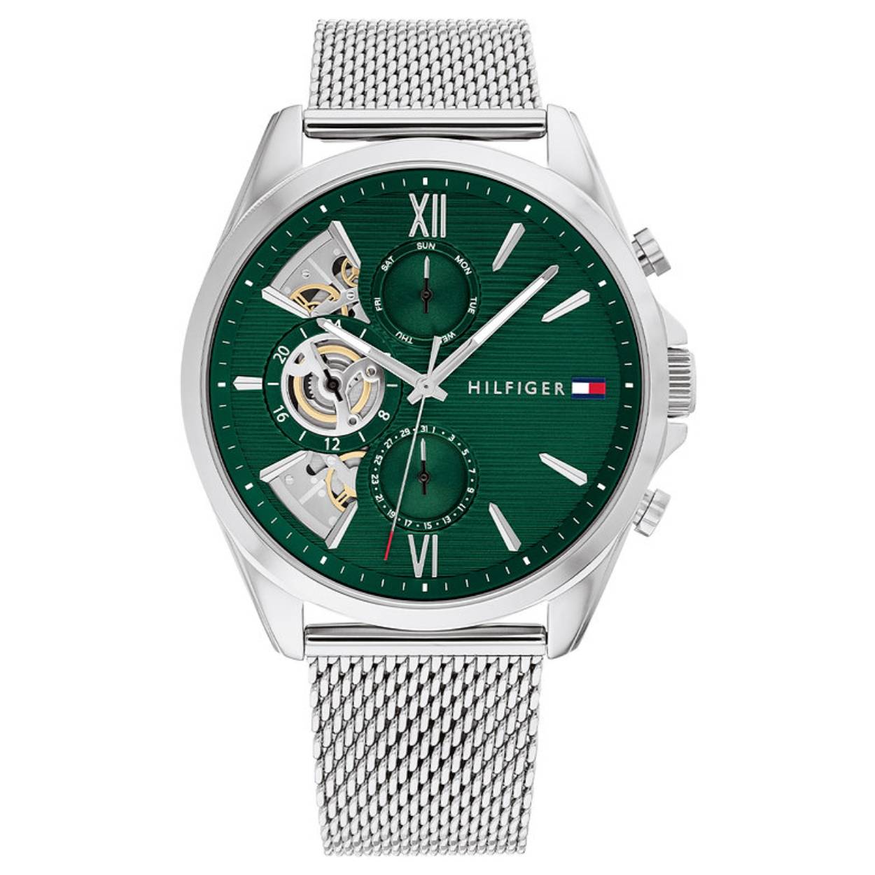 Tommy Hilfiger TH1710647 Horloge Heren Staal Zilverkleurig 44mm
Dit specifieke horloge van Tommy Hilfiger uit de Baker serie met artikelnr: TH1710647 is een stoer herenhorloge die zeker in je collectie past. Het stalen herenhorloge heeft een ronde zilverkleurige kast met een gladde bezel en een groene wijzerplaat met dag,- datum en 24-uursaanduiding en zilverkleurige wijzers en accenten. De zilverkleurige milanese band is op lengte verstelbaar en heeft een druksluiting. Het horloge heeft een mineraalglas, een doorsnee van 44mm en is 5ATM. 

Het merk:
Sinds de lancering van het merk in 1985 is Tommy Hilfiger wereldwijd bekend geworden als pionier van de klassieke Amerikaanse coole stijl. Geïnspireerd door de iconische popcultuur en het Amerikaanse erfgoed. De dames en herencollectie van dit seizoen bestaan uit minimalistische silhouetten en rustieke lederen details. De herenhorlogecollectie biedt iconische uurwerken met roestvrijstalen, lederen en siliconen banden.

Specificaties:
- Mineraalglas
- Ronde kast 44mm
- Zilverkleurige horlogekast
- Groene wijzerplaat
- Zilverkleurige milanese band 
- 5ATM